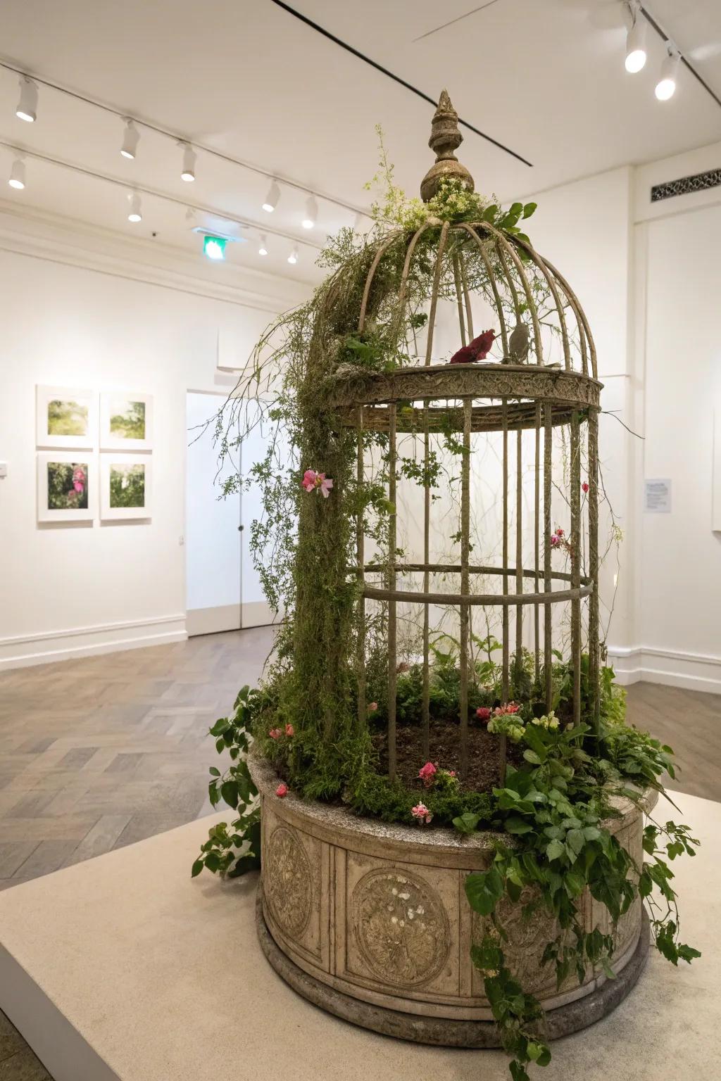A birdcage becomes an artistic focal point with sculptural design and greenery.