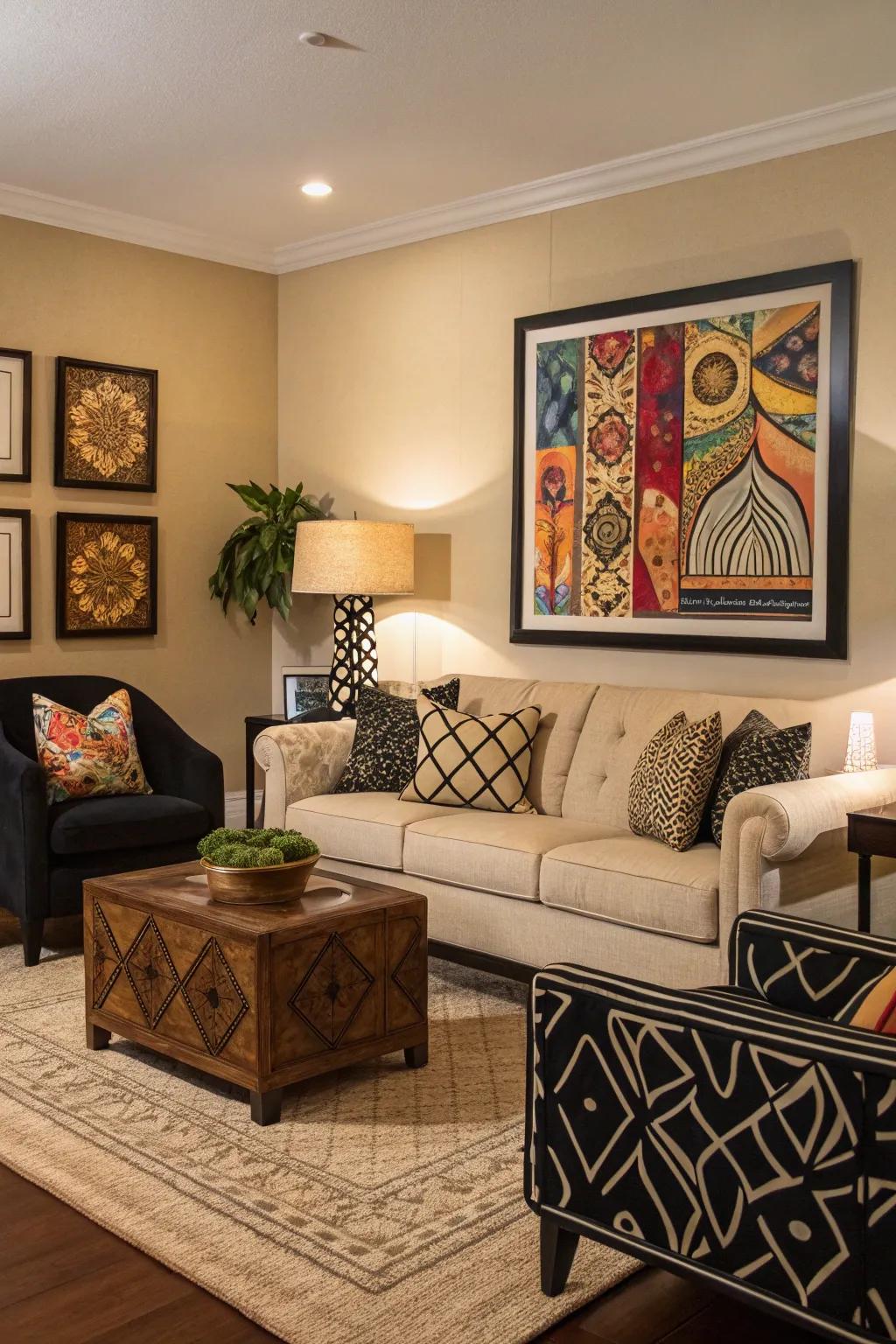 A vibrant artwork serves as an unexpected focal point.