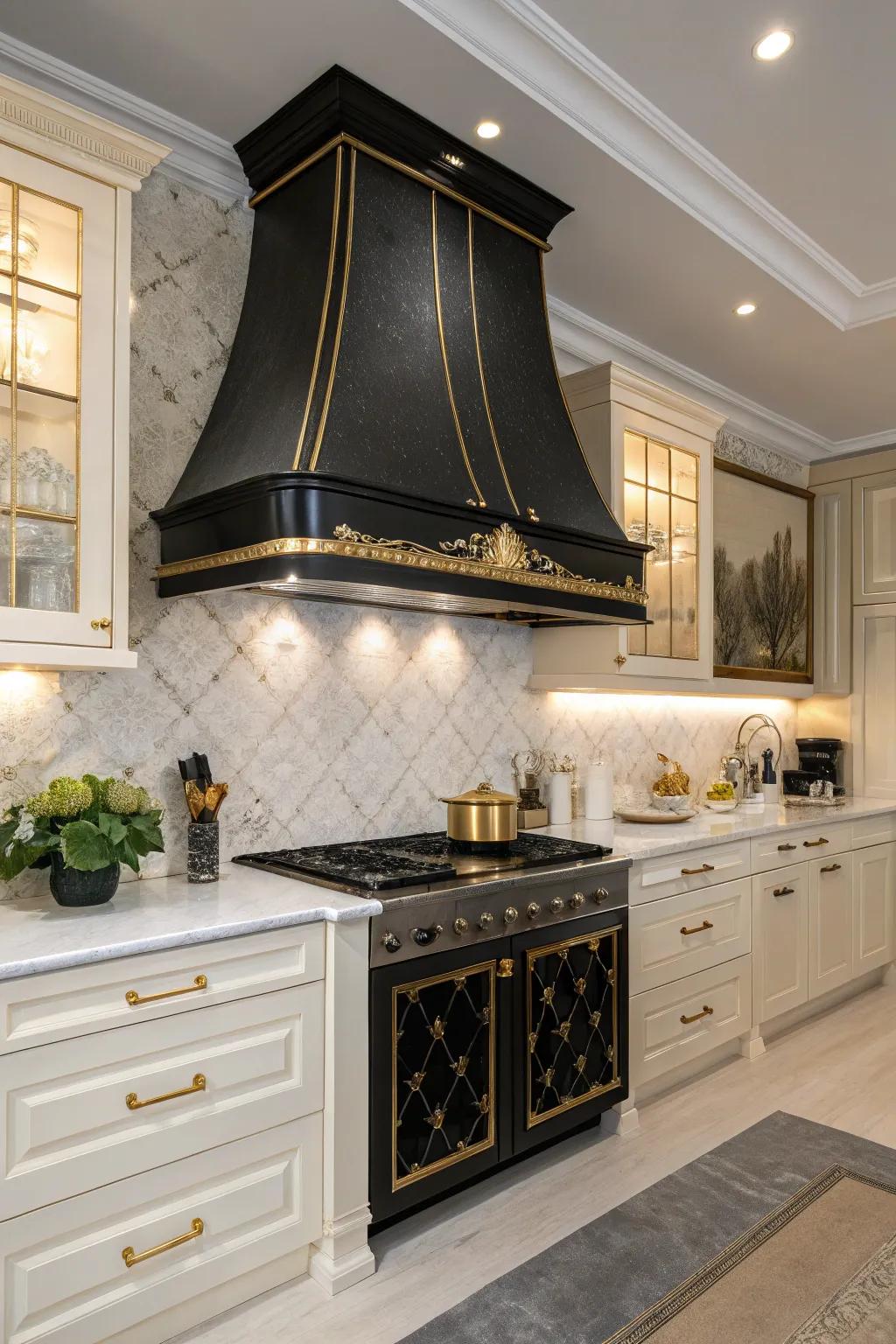 Gold trim on a black range hood adds a touch of luxury.