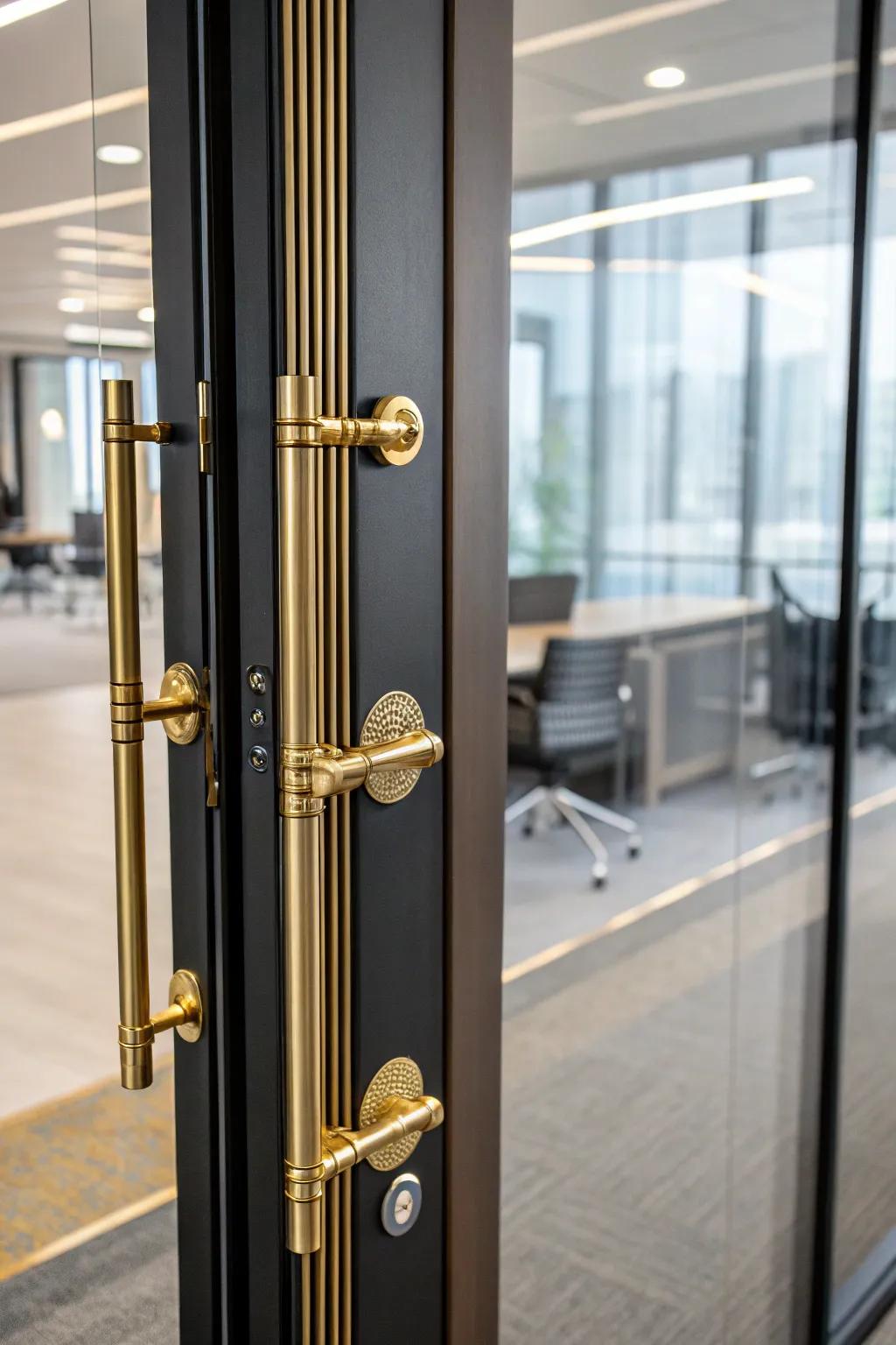 Gilded-highlighted door hardware pieces bring a subtle luxurious feel to your office.