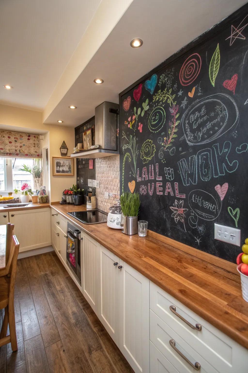 This playful kitchen features a blackboard backsplash for creative expression.