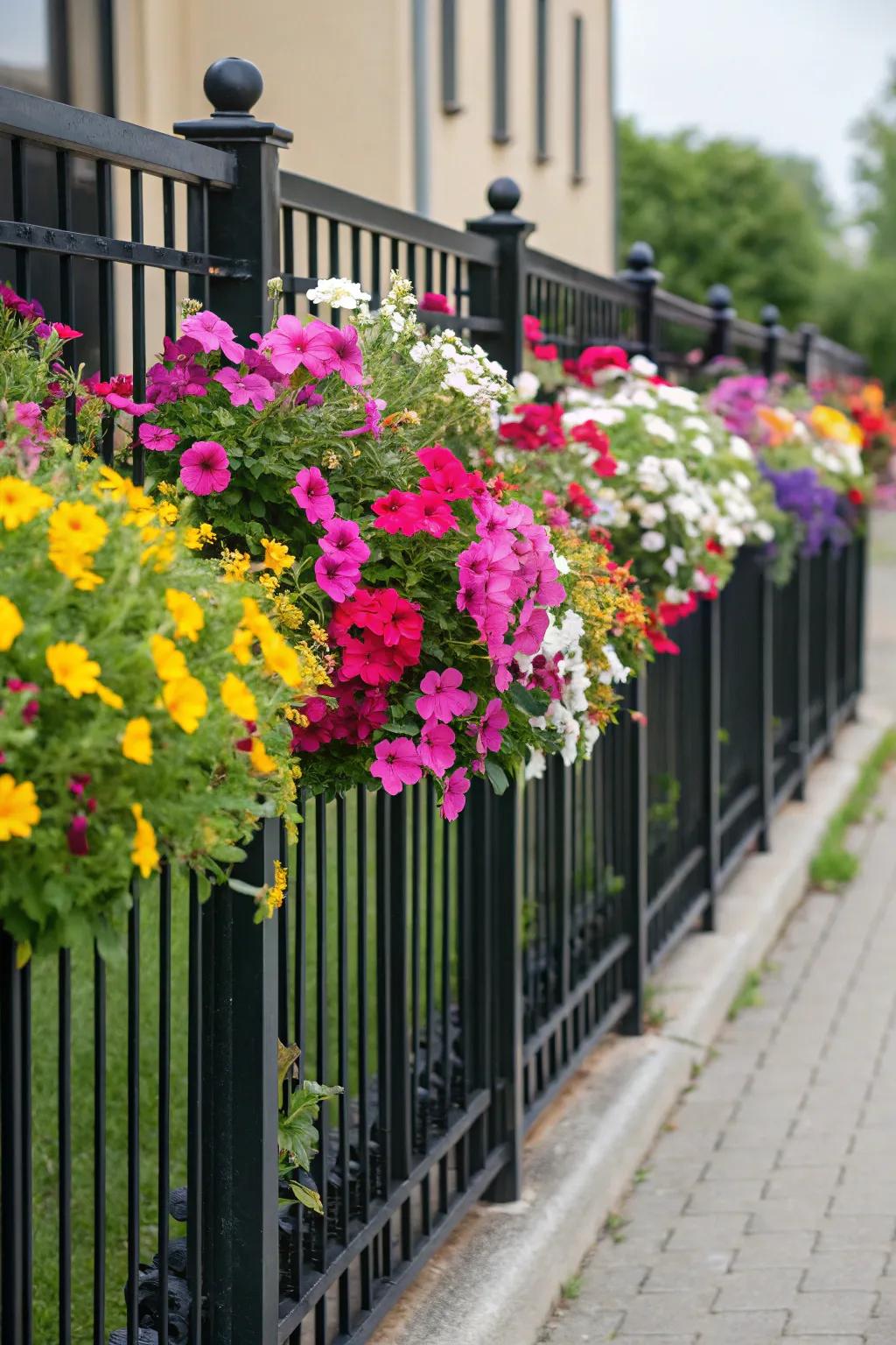 Bright blooms stand out against a striking black fence.