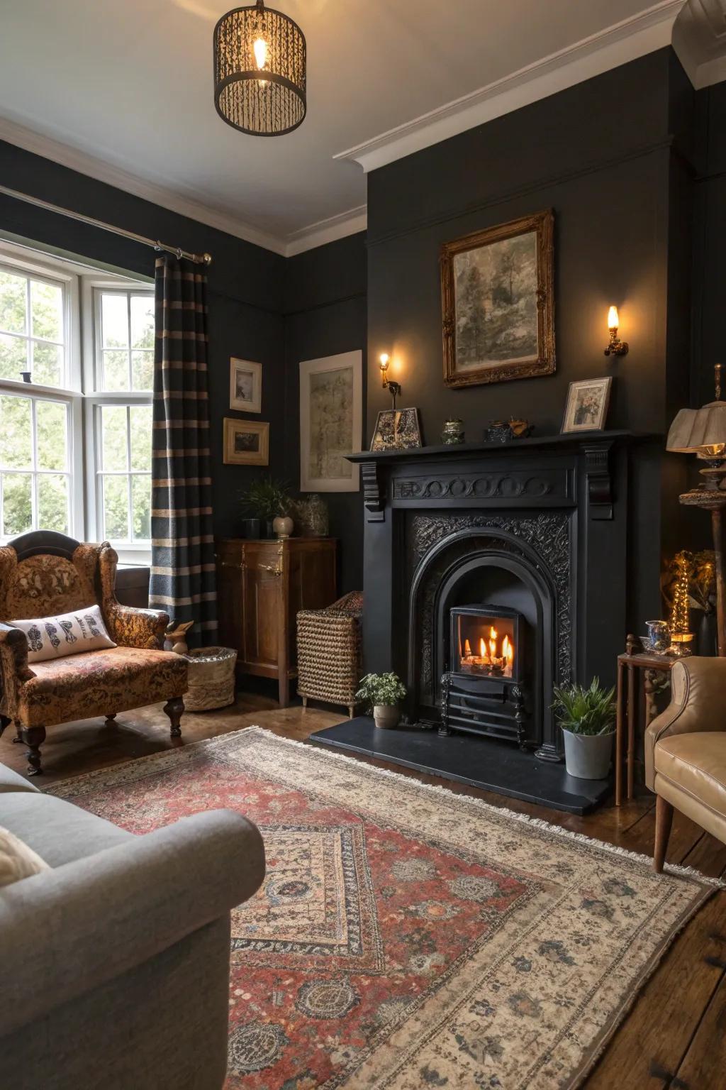 Bring a touch of nostalgia with vintage elements and a black fireplace.