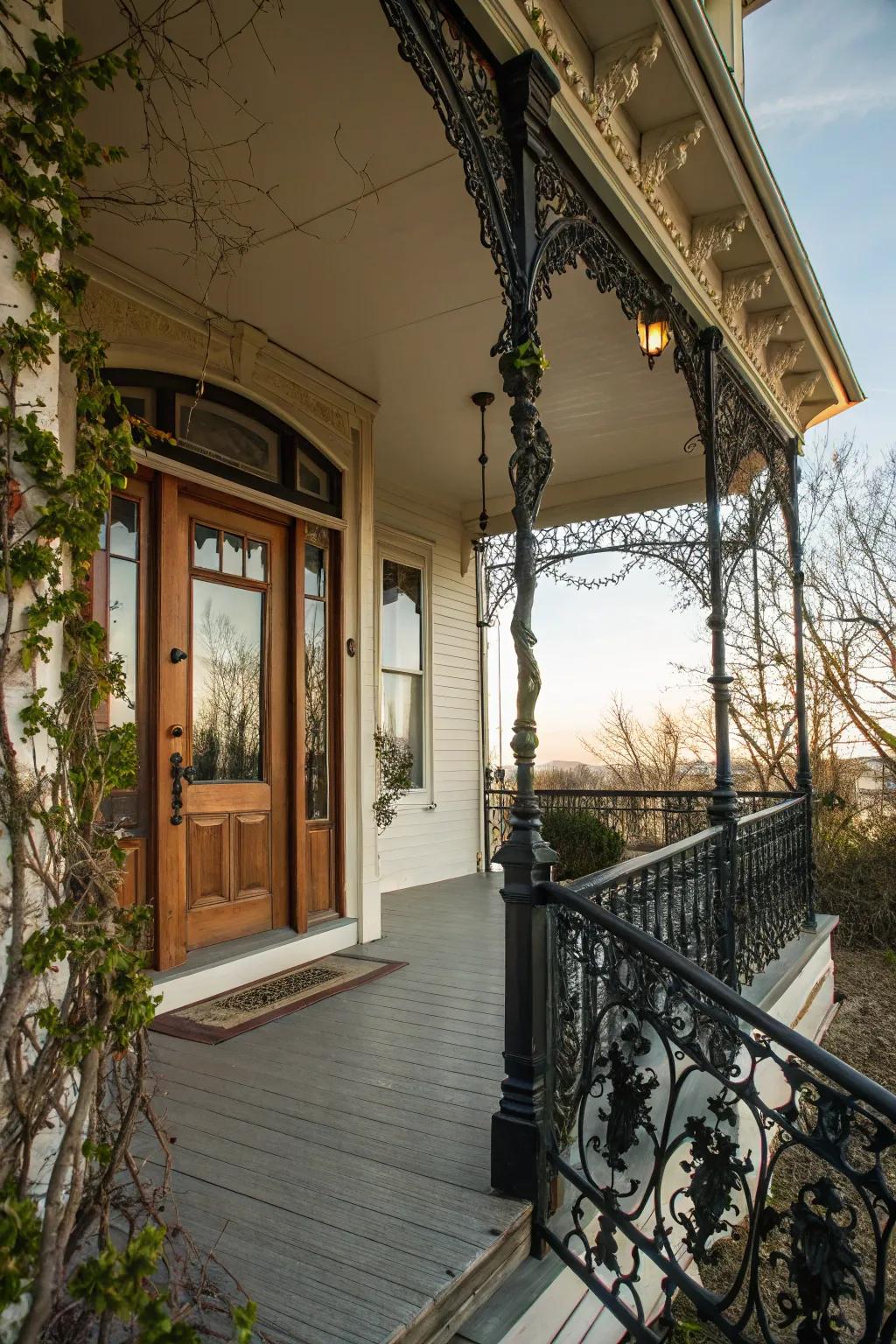 Timeless elegance with vintage wrought iron railings.