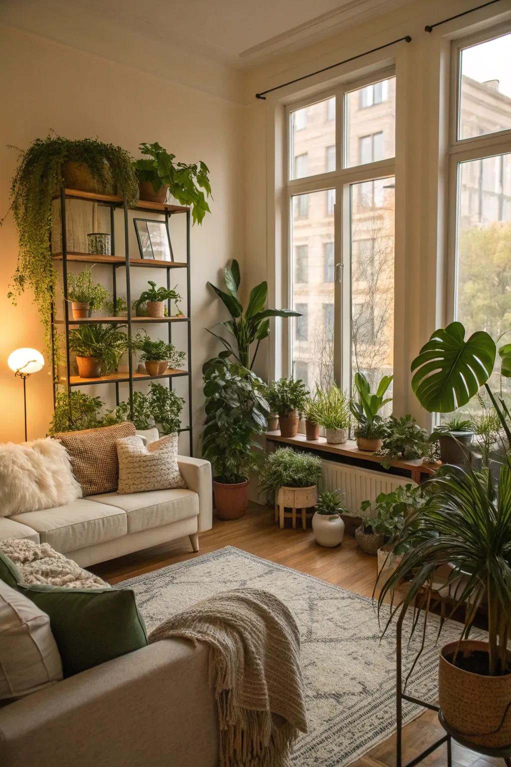 Indoor plants introduce freshness to the neutral palette.
