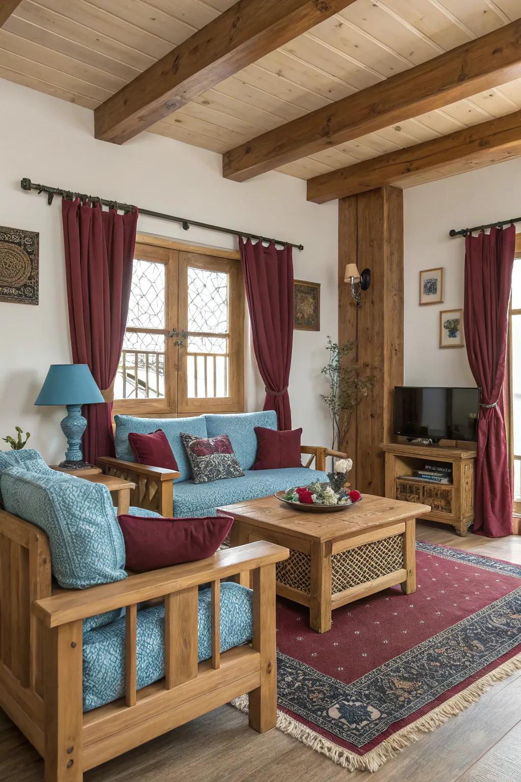 Natural wood elements harmoniously balancing the cerulean and wine decor.