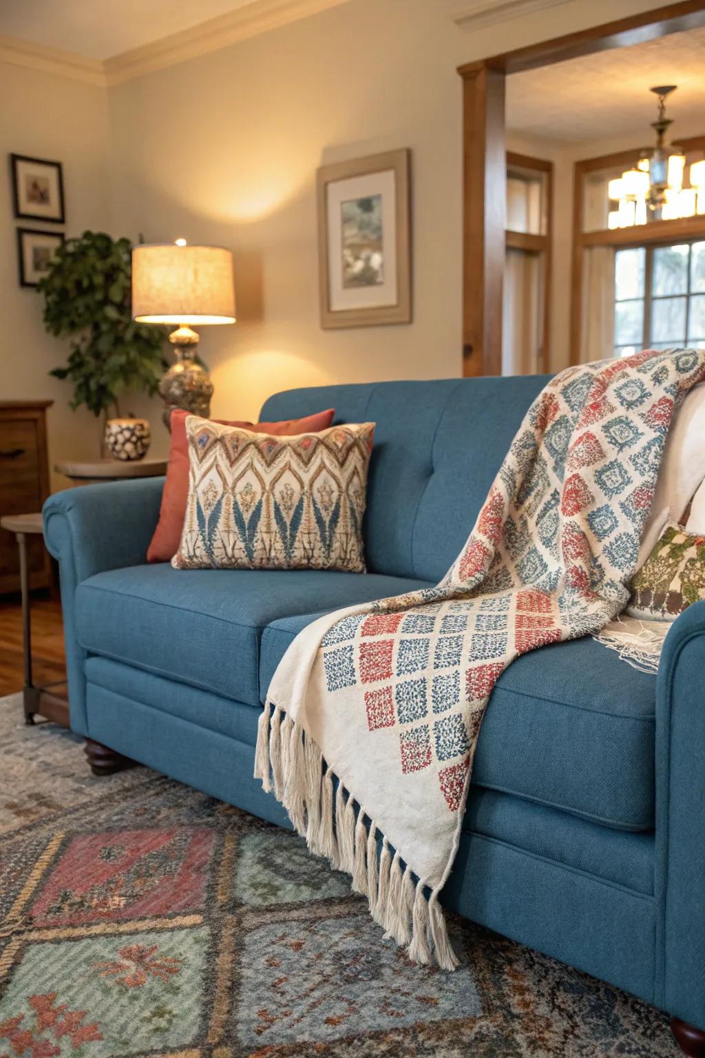 A cozy throw enhances comfort and style on the couch.