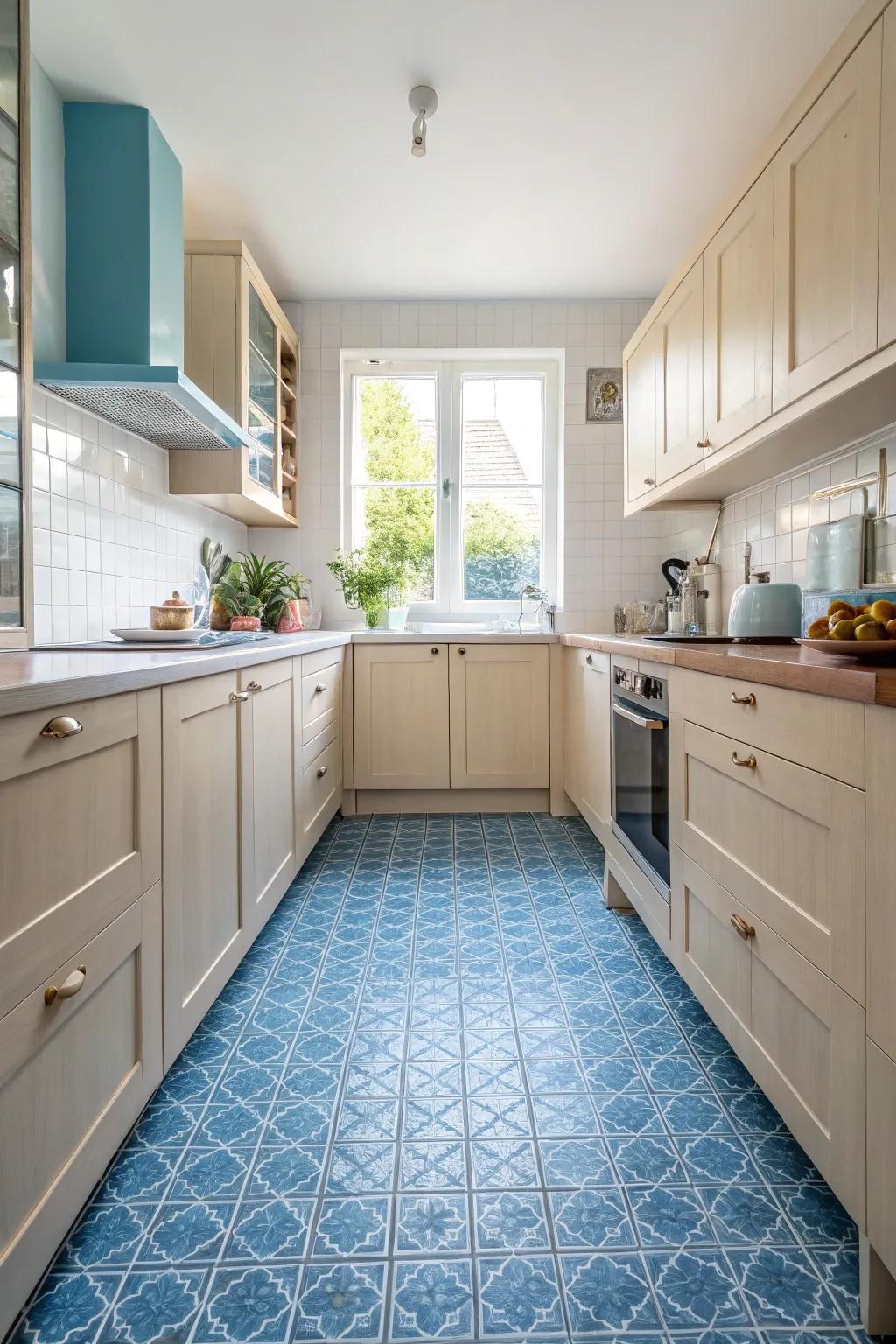 Azure floor tiles provide a bold foundation in the kitchen.