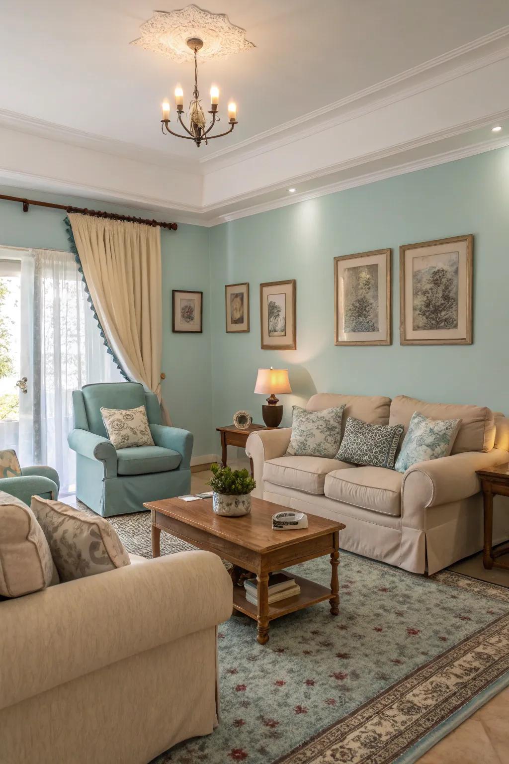 Pastel blues evoke a soft and serene atmosphere in this tranquil living room.