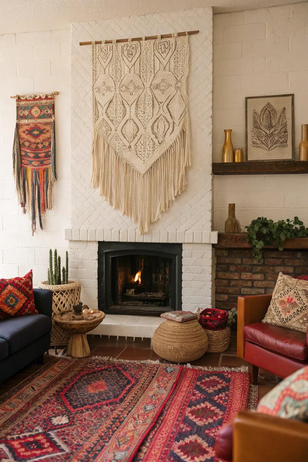 Textured wall hangings above a fireplace mantel, adding bold bohemian flair.