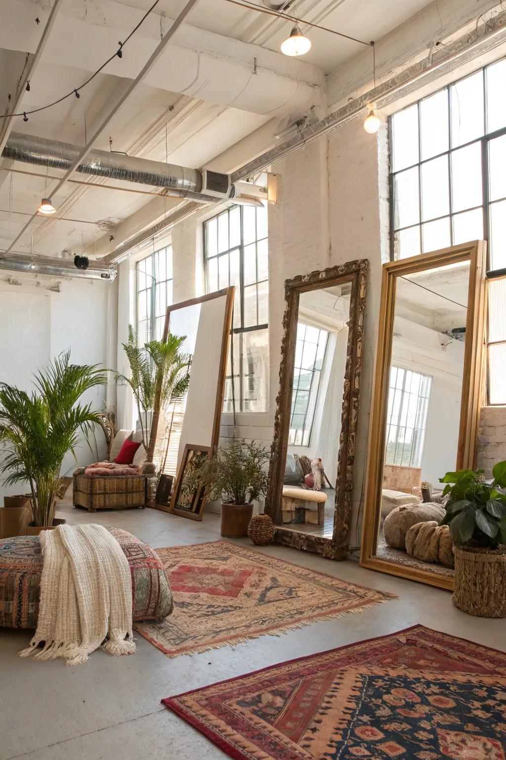 Reflectors amplify light and spaciousness in your boho loft.