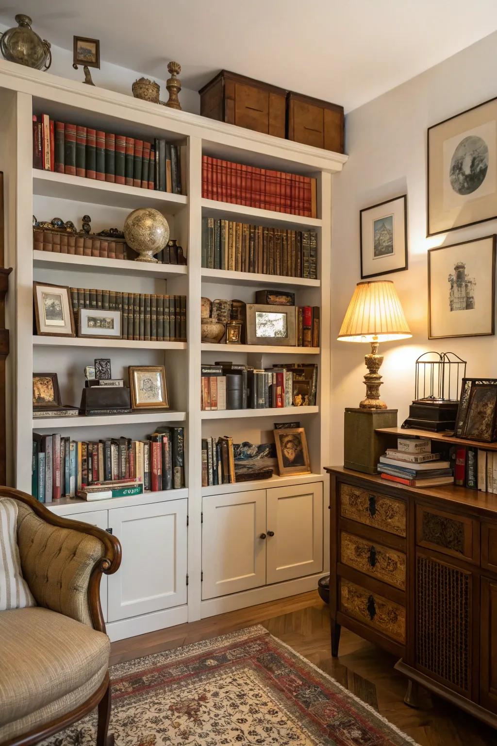 Vintage finds add character and history to bookshelves.
