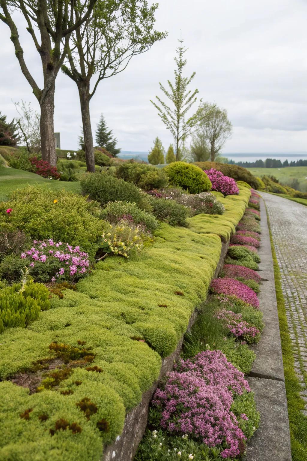 A soft, lush garden border with moss and groundcovers.