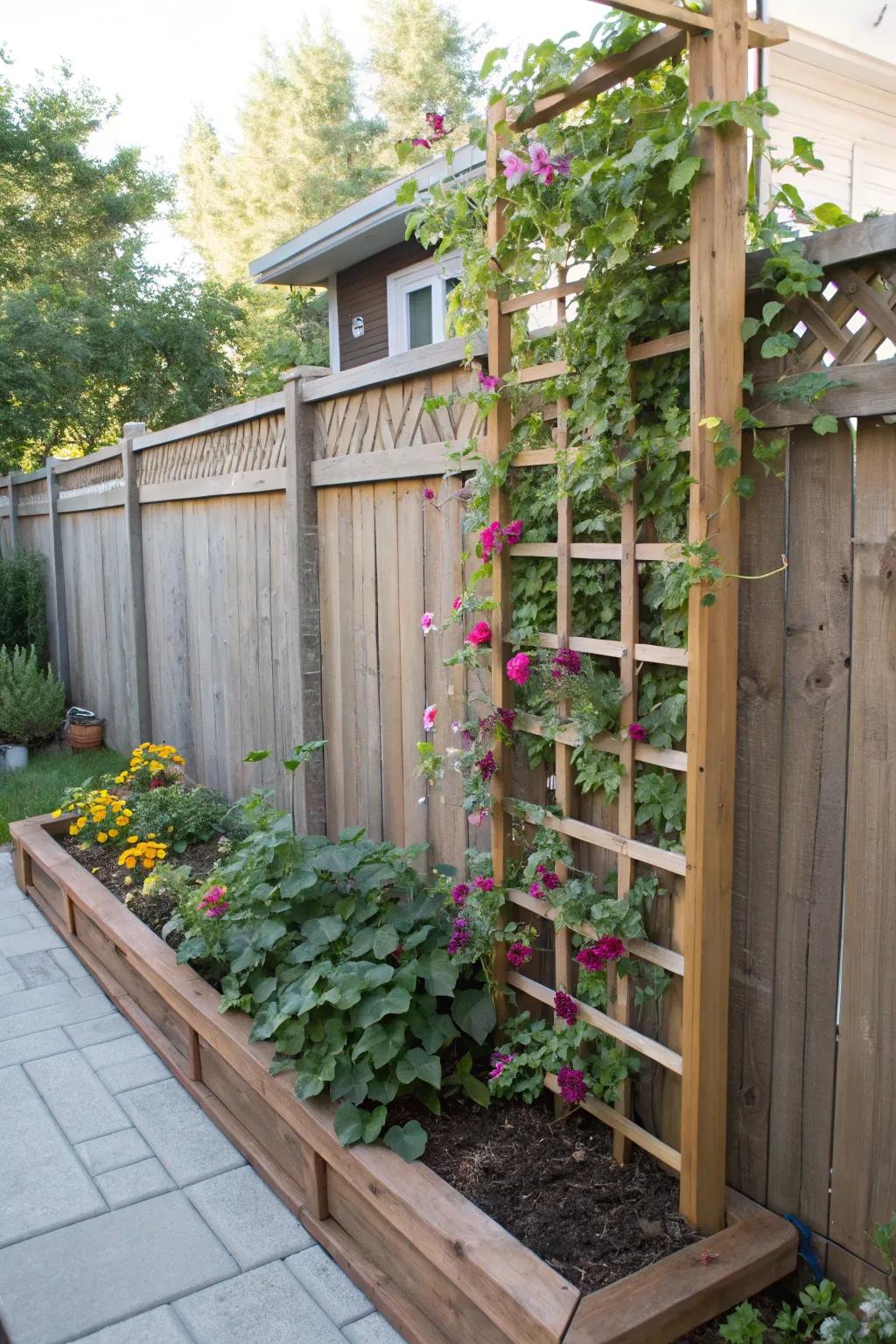 A bottom trellis supports greenery beautifully.