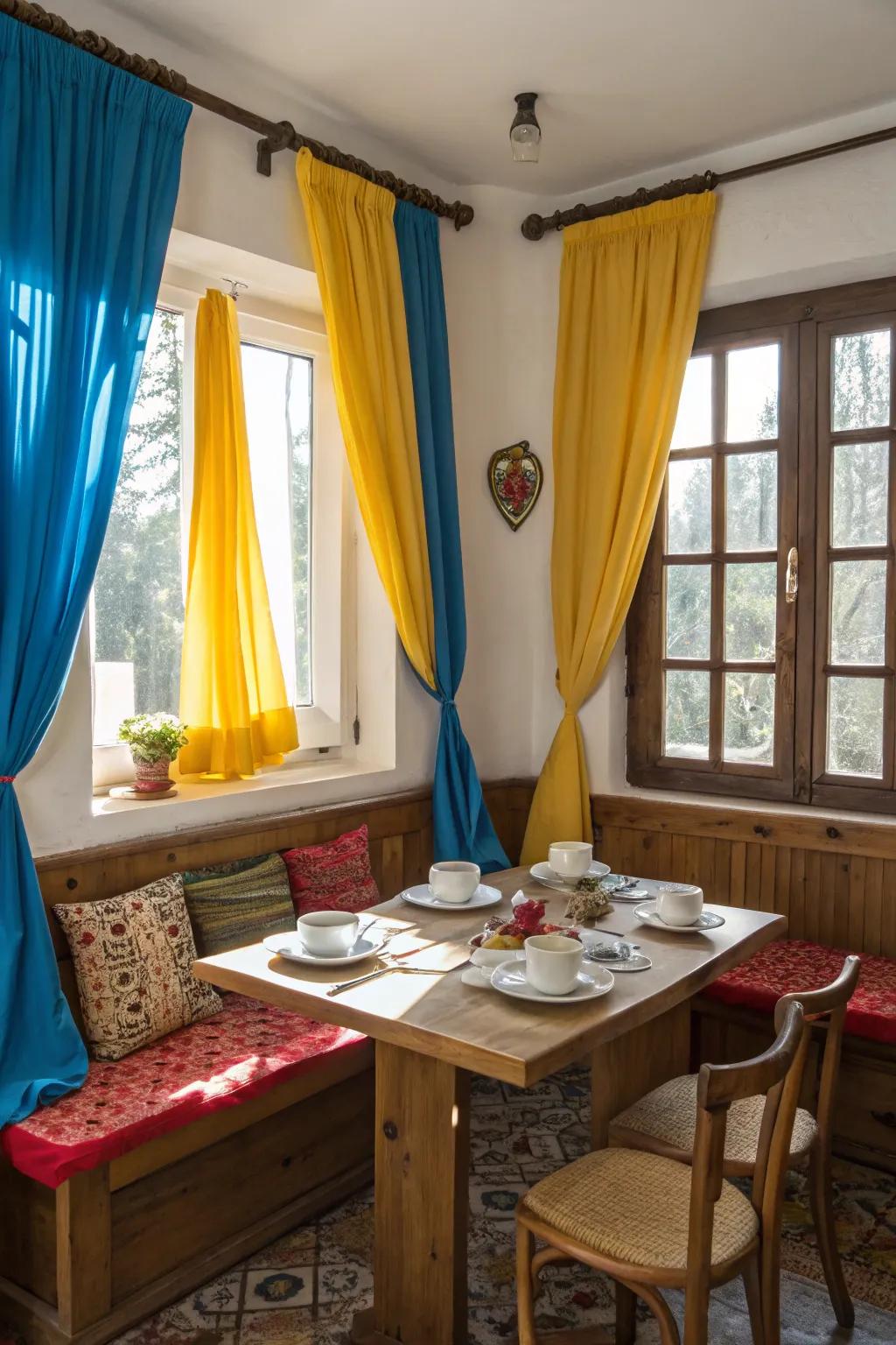 Vibrant curtains energize your breakfast nook with color.