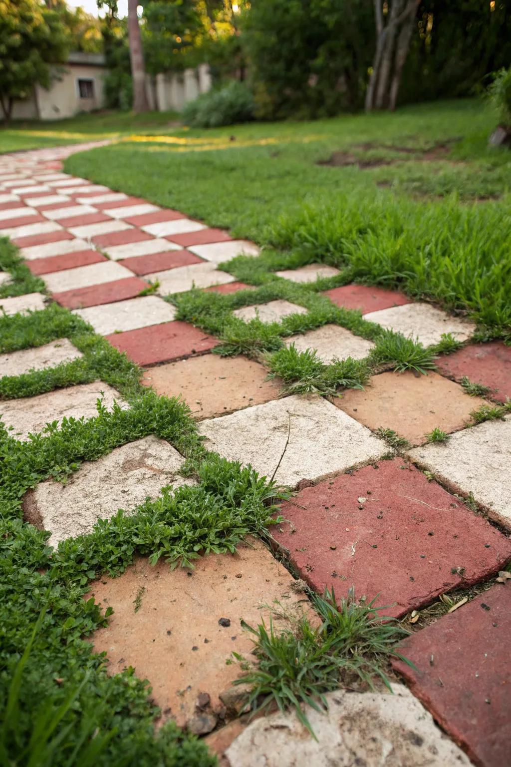 Step into elegance with a playful checkerboard garden path.