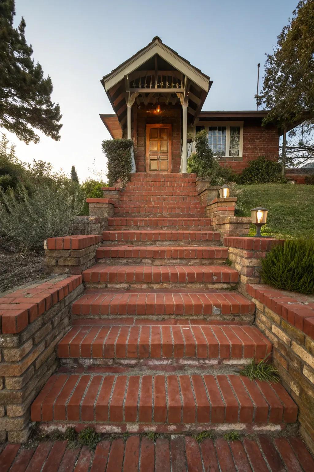 Classic red brick steps adding warmth and elegance.
