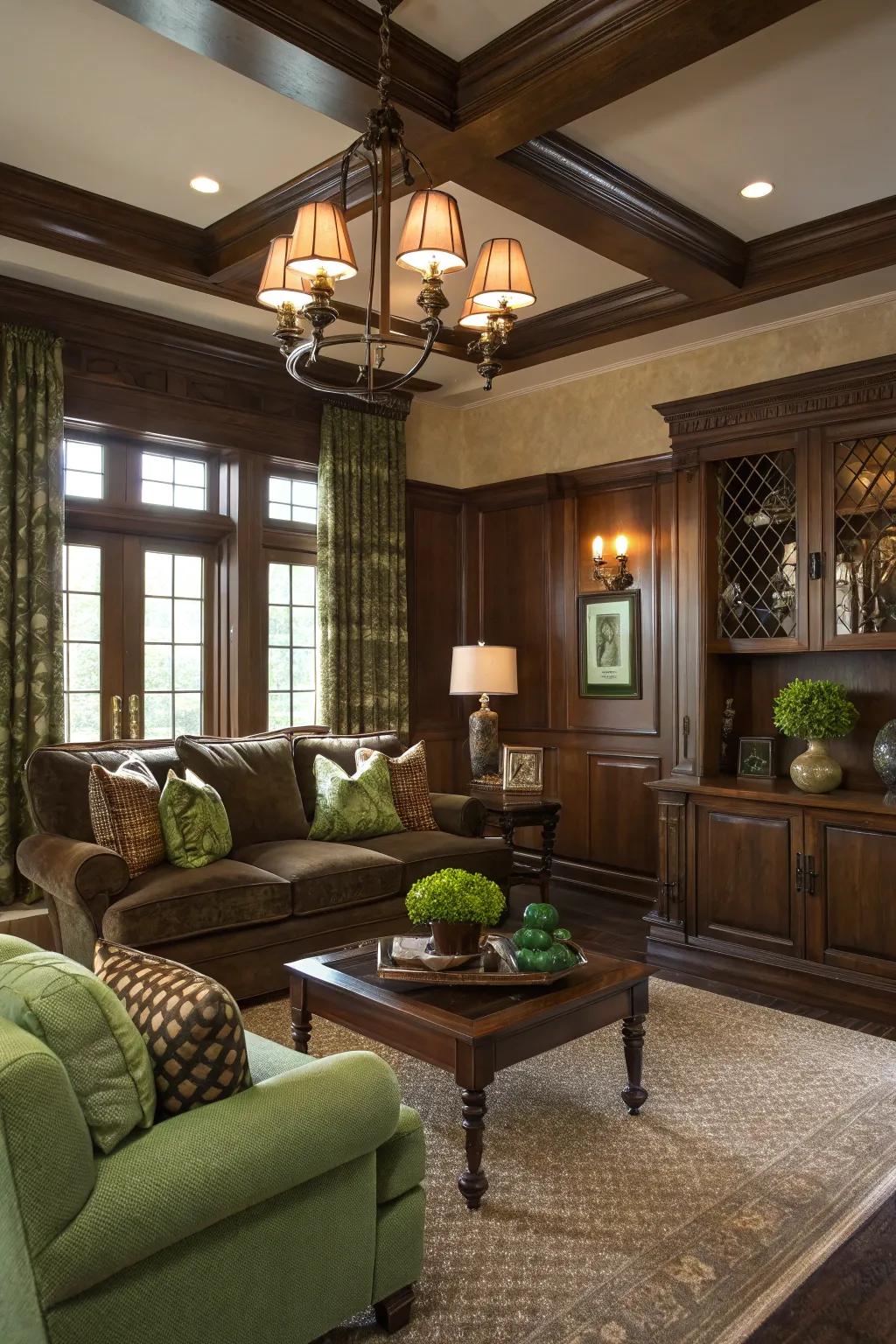 Dark wood accents provide contrast and sophistication.
