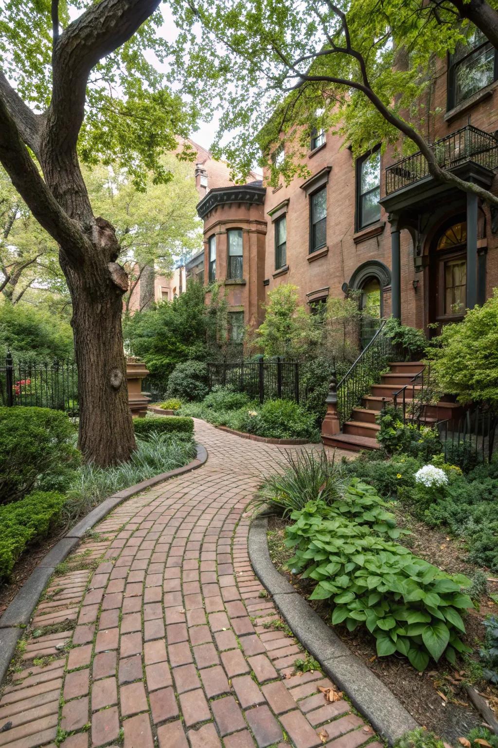 A brick pathway adds classic style to the brownstone backyard.