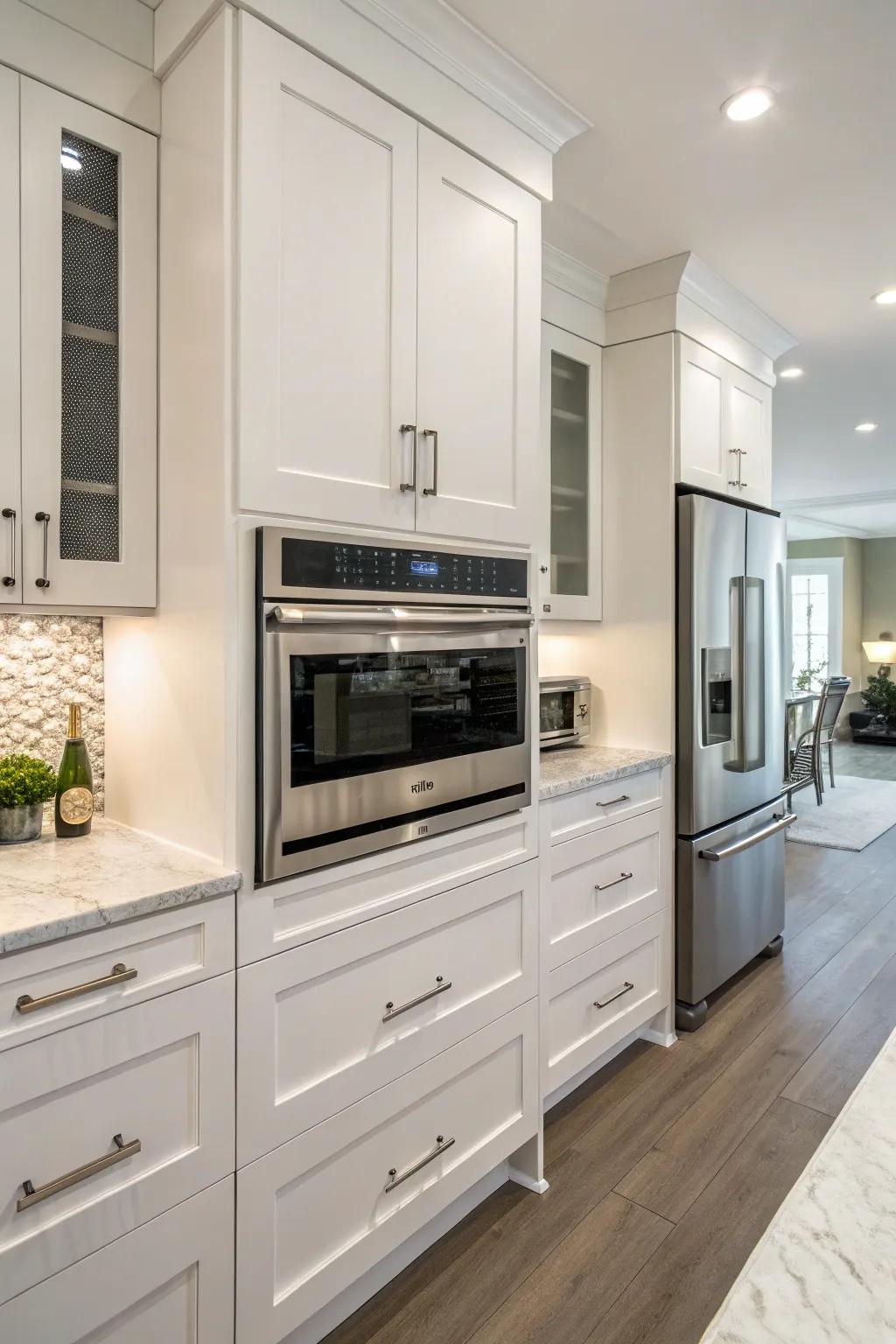Stylish kitchen displaying a built-in niche for the microwave.