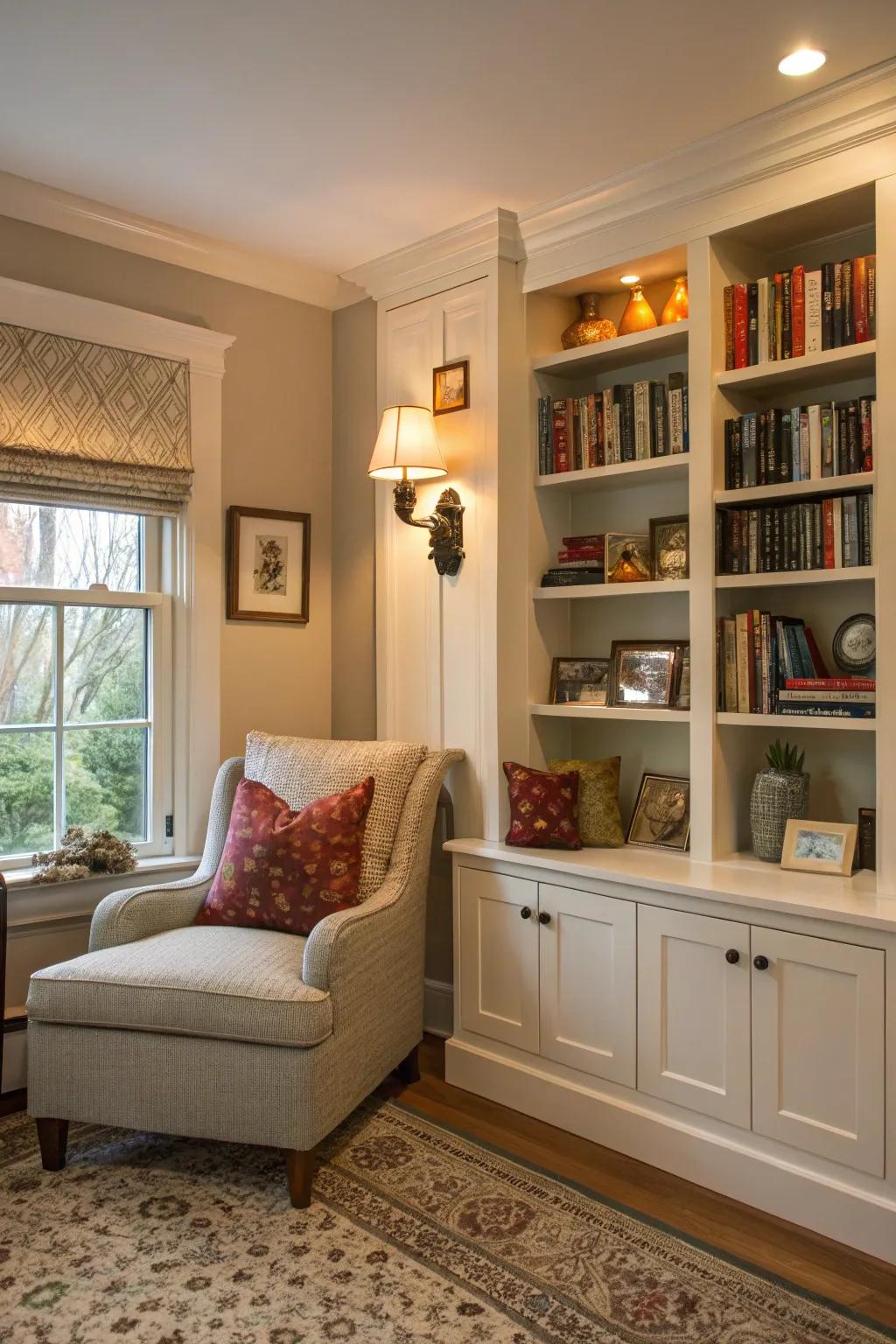 Built-in bookshelves with a reading nook provide a cozy hideaway.