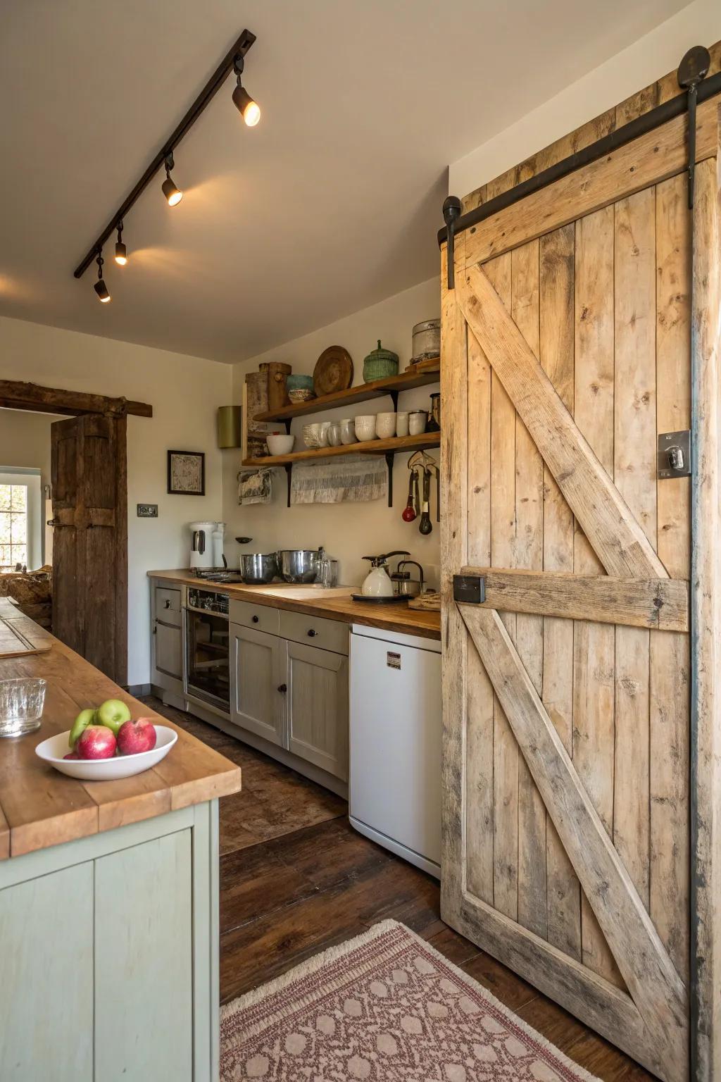 A bungalow kitchen featuring space-saving and stylish sliding farm-style doors.