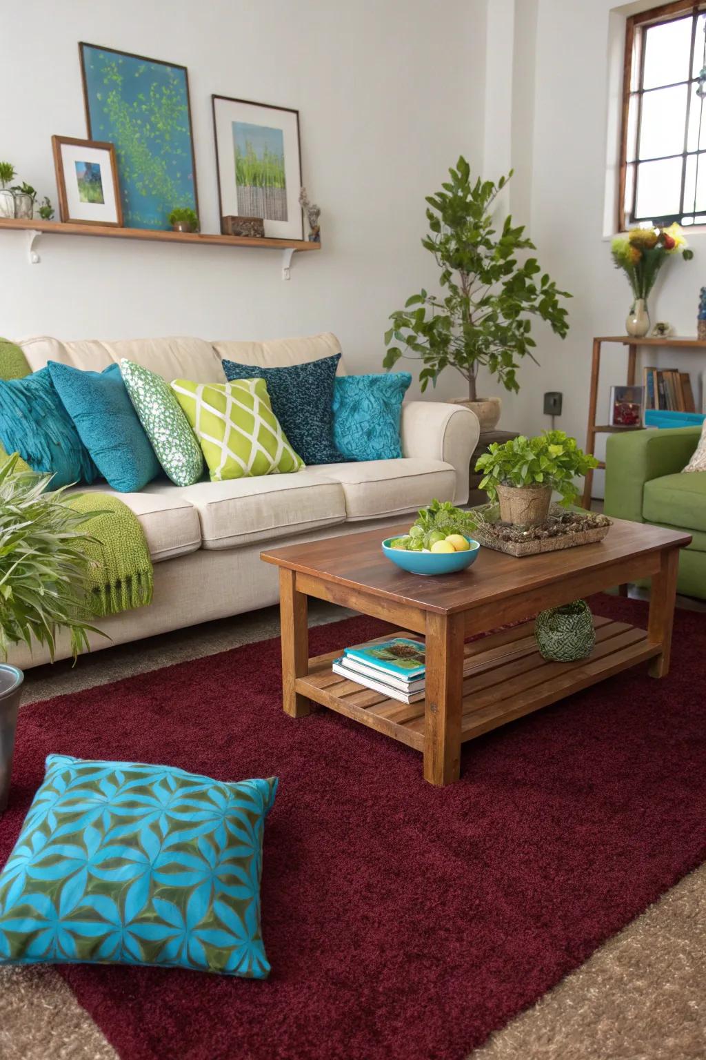 A surprising burst of color brings a fresh feel to a maroon carpet.