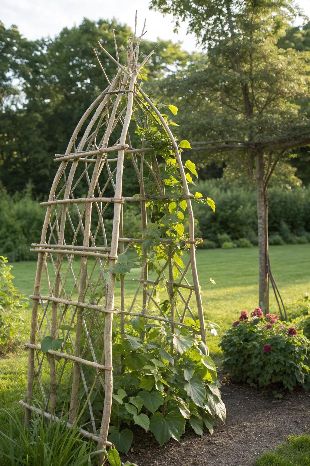 Embrace natural beauty with this handcrafted twig trellis, where simplicity meets elegance in your garden sanctuary.