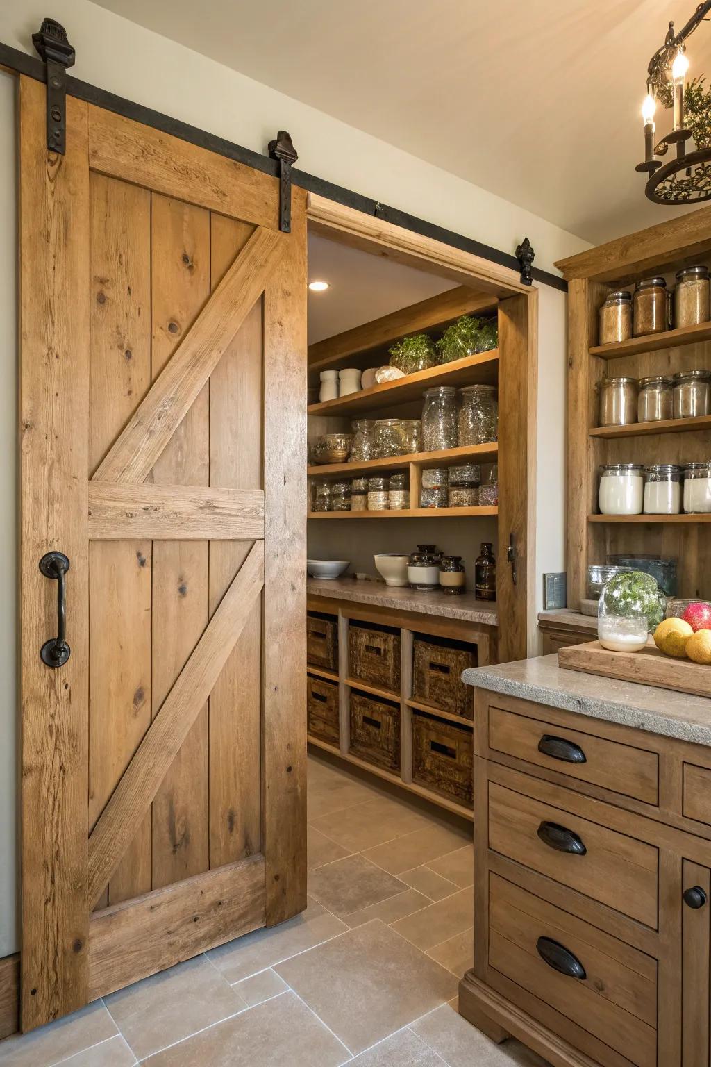 A country-style service space featuring a sliding barn door for space-saving charm.