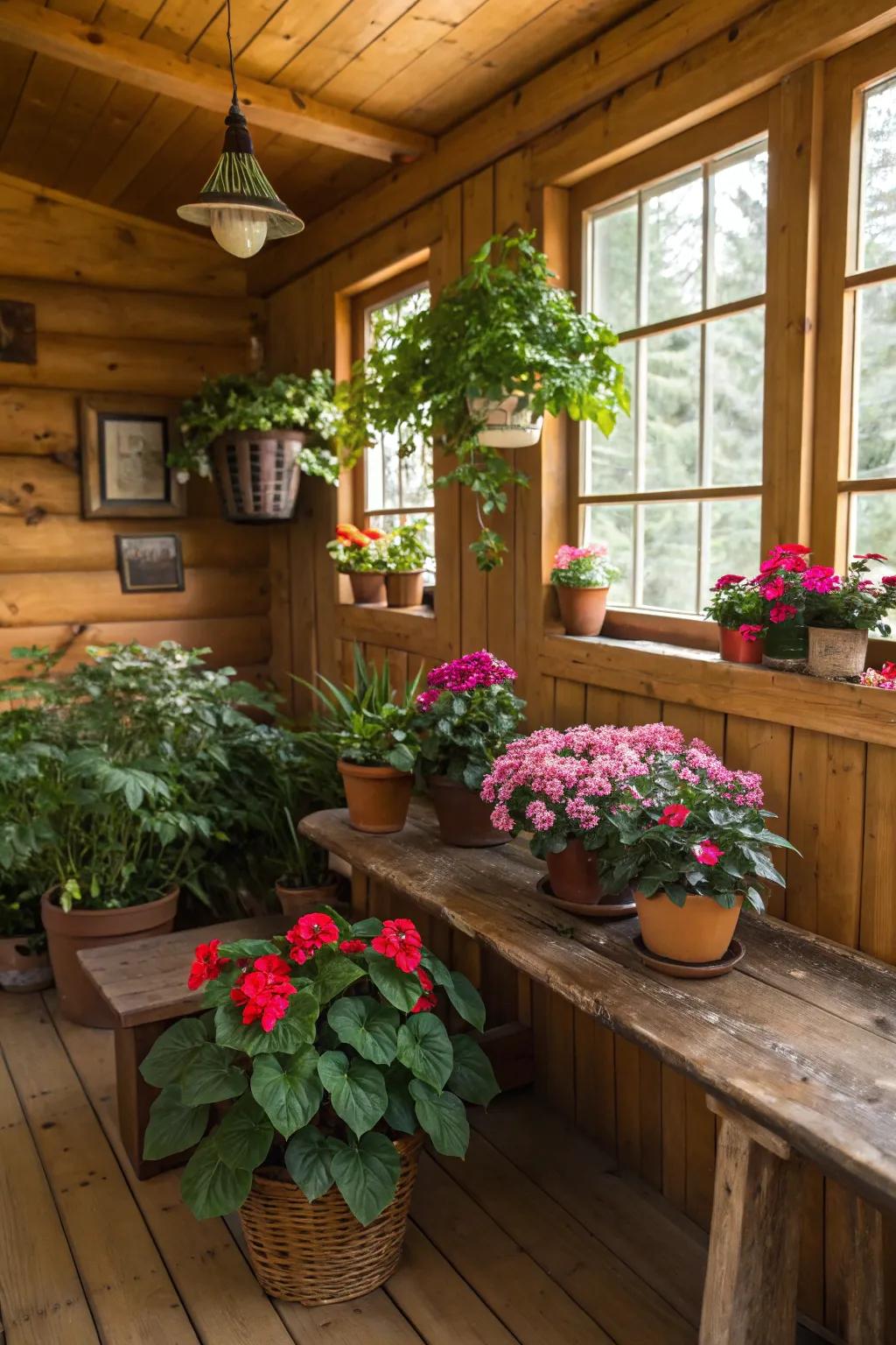 Greenery adds vitality and color to the cabin’s interior.