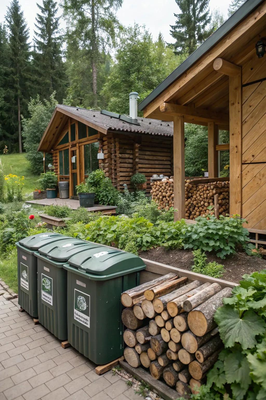 A compost setup bolsters sustainable living at the cabin.