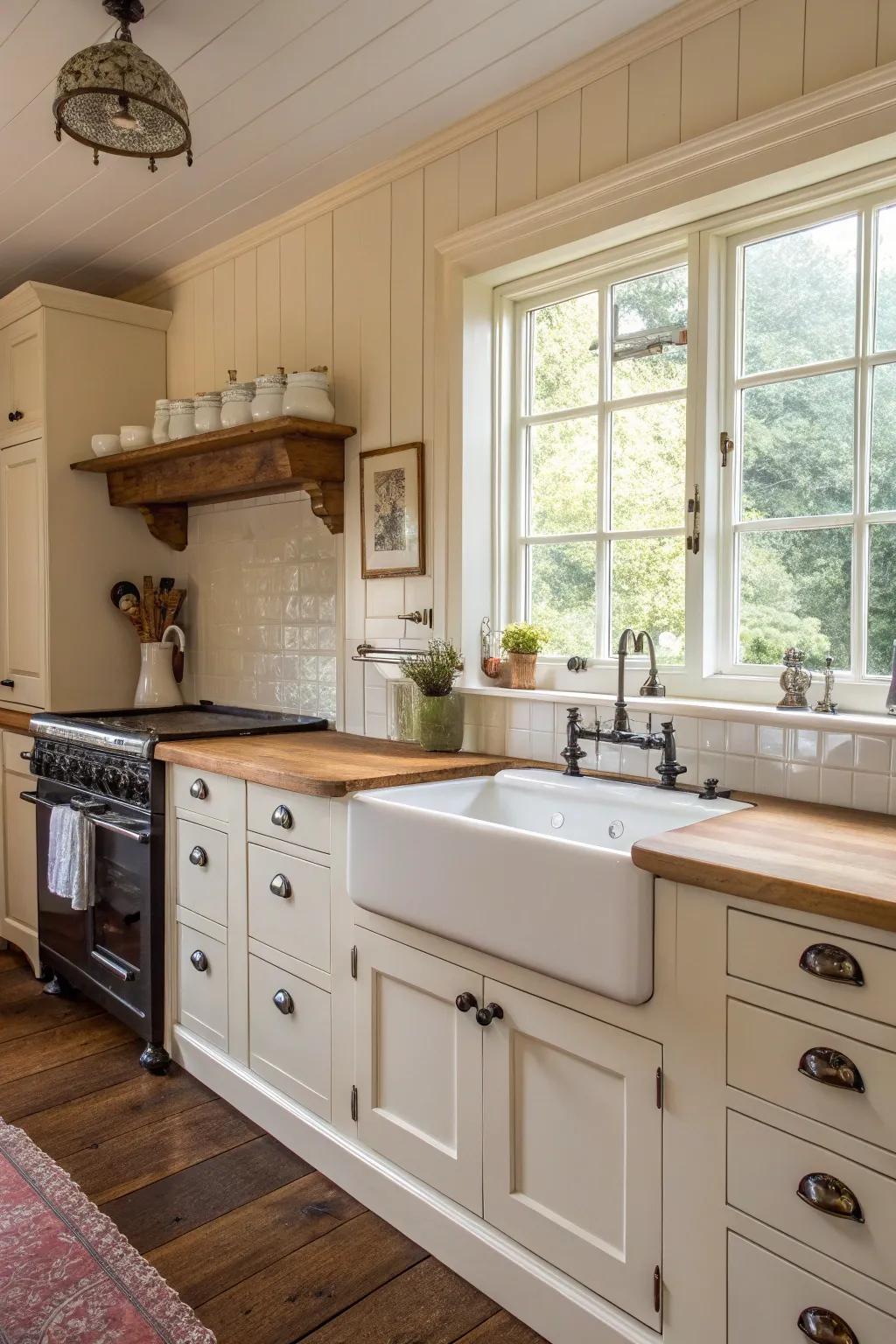 Porcelain knobs provide a timeless appeal in a classic kitchen.
