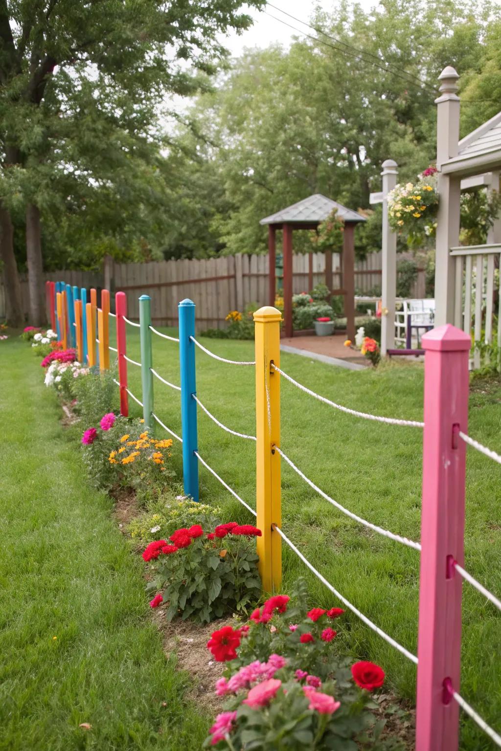 Thread strand fence with colorful accent posts