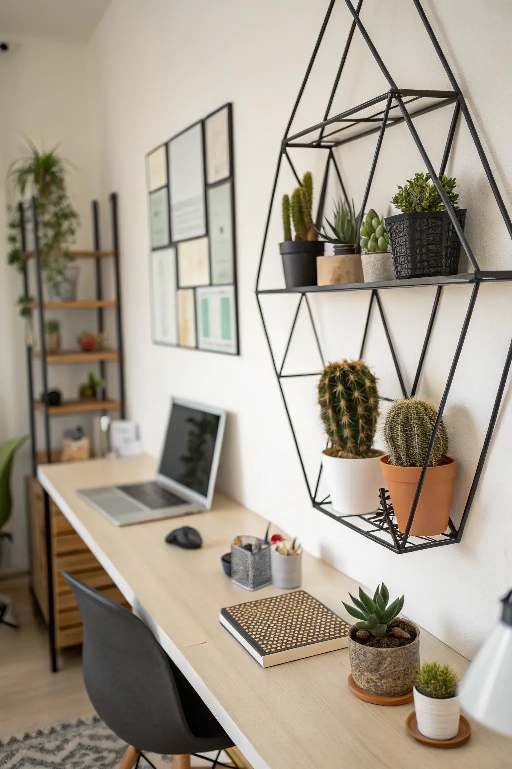 A modern geometric wall shelf hosting a cactus collection.