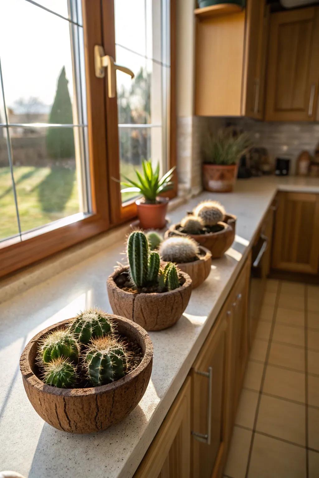 Excavated coconut housings enrich a tropical accent to your cactus decor.