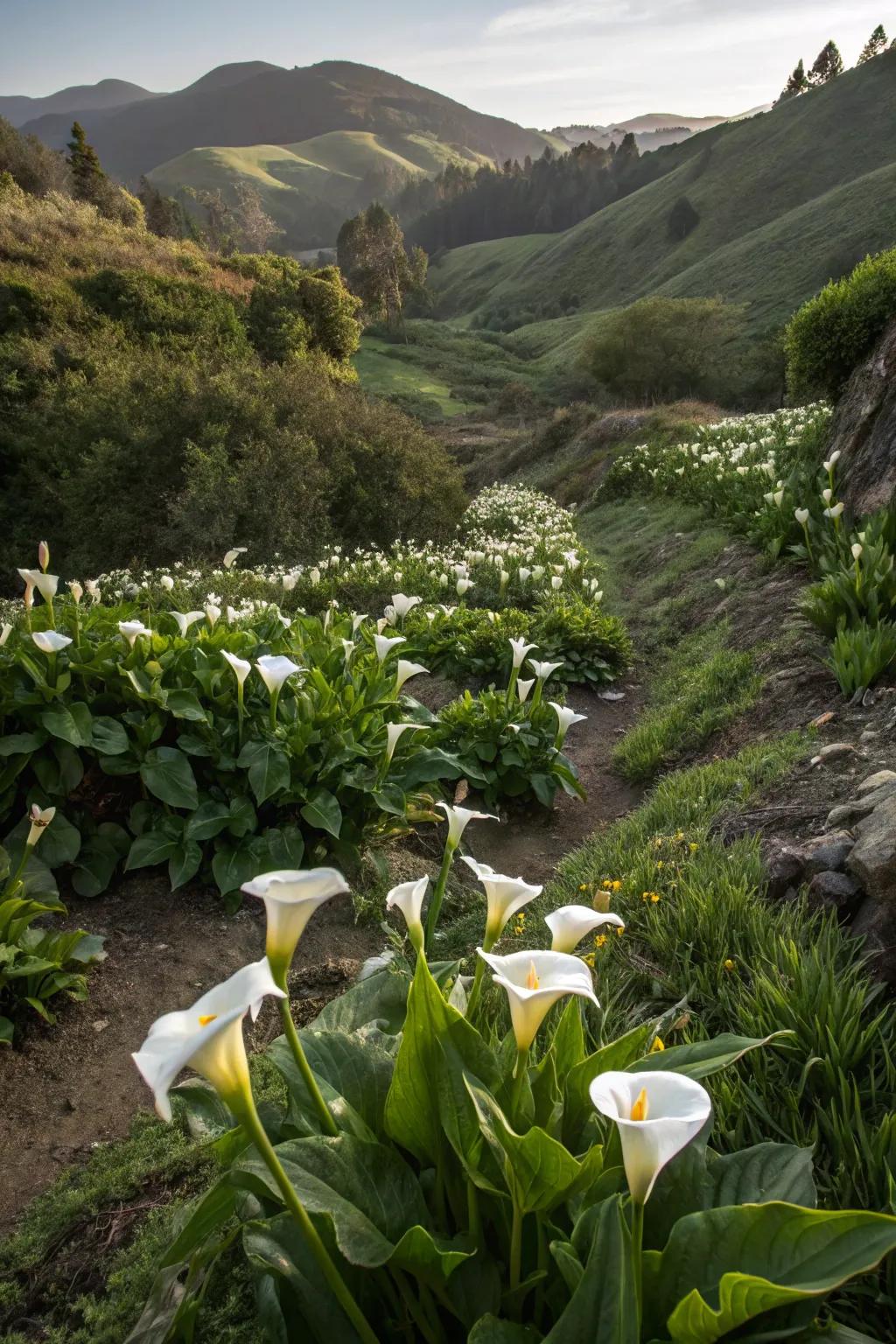 Calla lilies impeding disintegration on a garden slope.