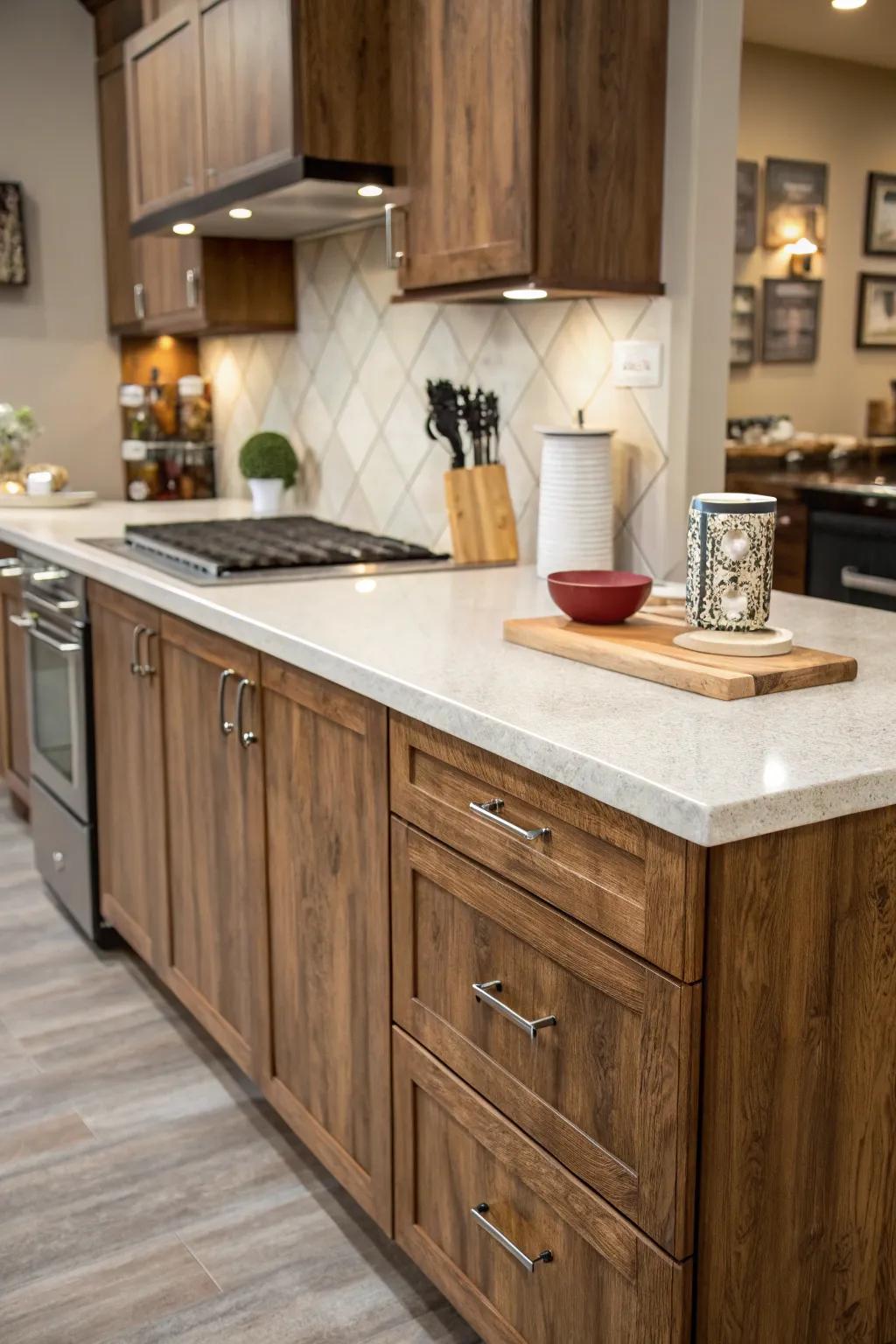 Stylish kitchen with vinyl wrap countertops.