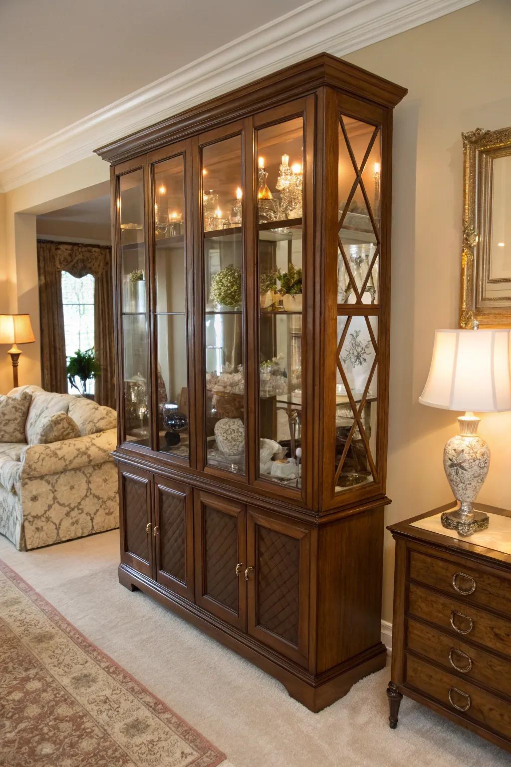 Mirrors include glam and measurement to a display hutch.