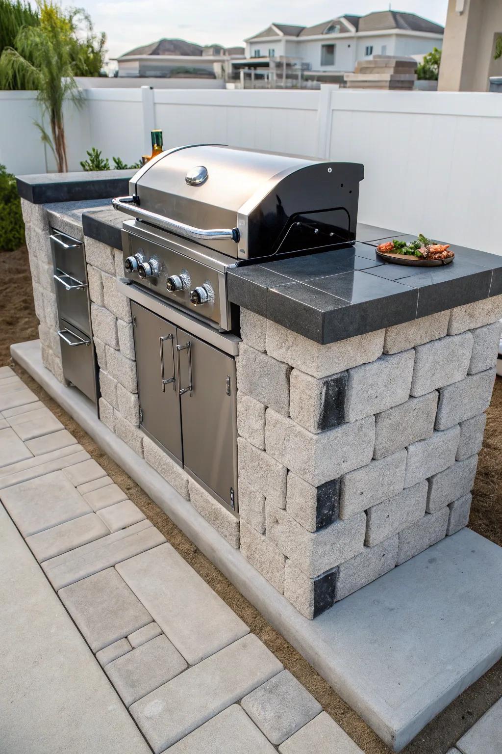 Transform your outdoor space with industrial chic—where rugged meets refined in this cinder block grill station.
