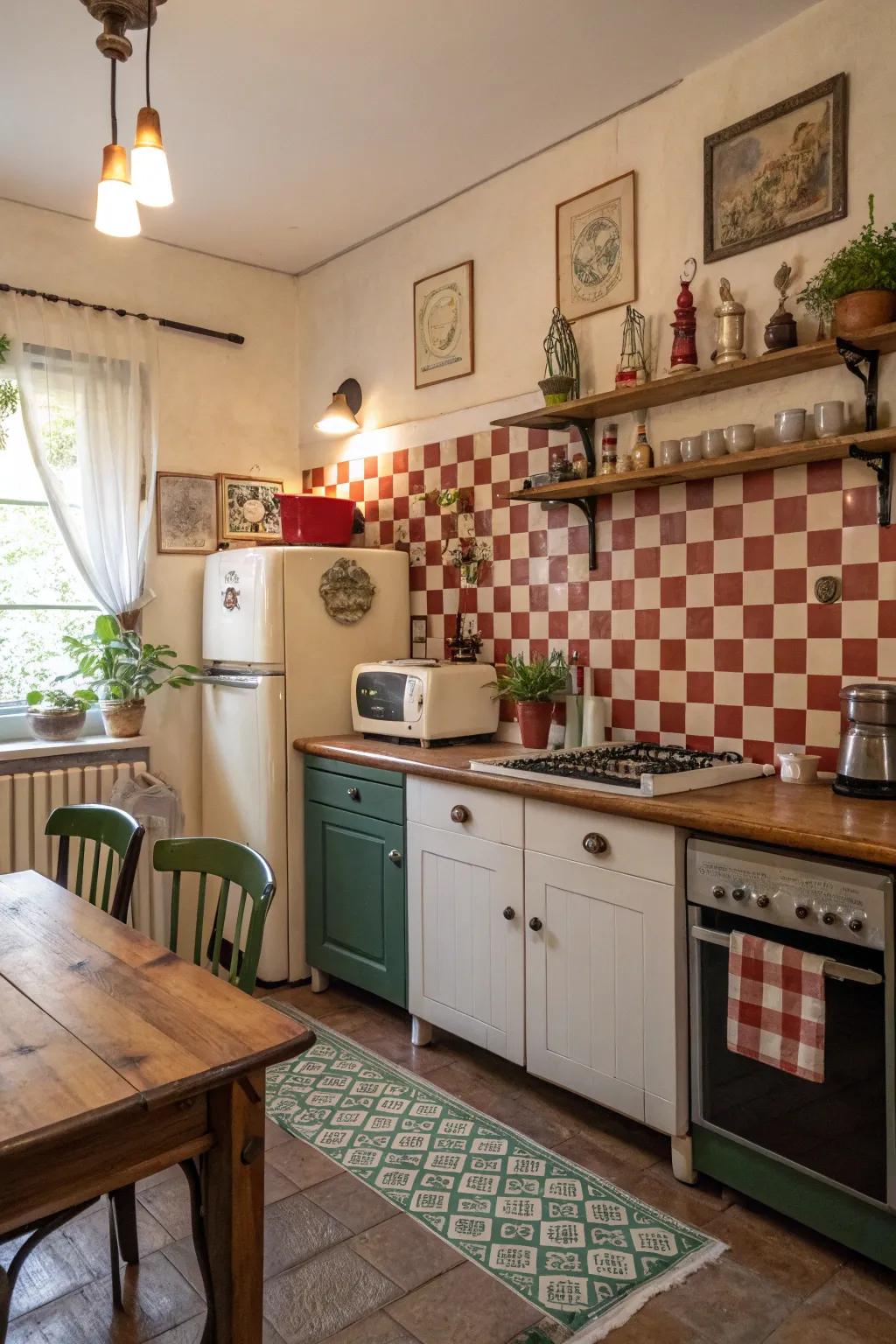 Checkerboard designs inject playful curiosity to this traditional kitchen.
