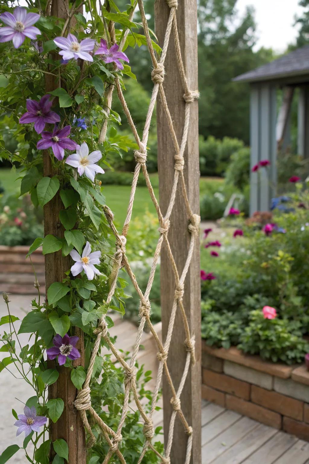 A Do It Yourself cord trellis allows for creative clematis development patterns.