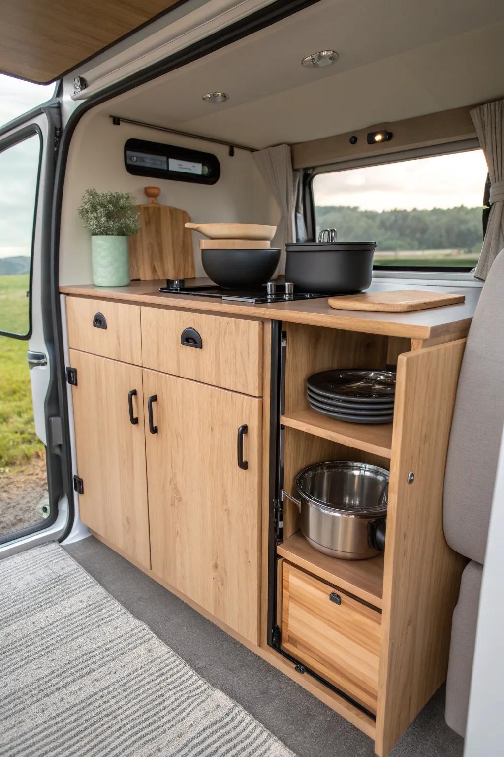 Transform your campervan kitchen with customized cabinetry that blends Scandinavian minimalism and boho charm. #CampervanLiving #MinimalistDesign