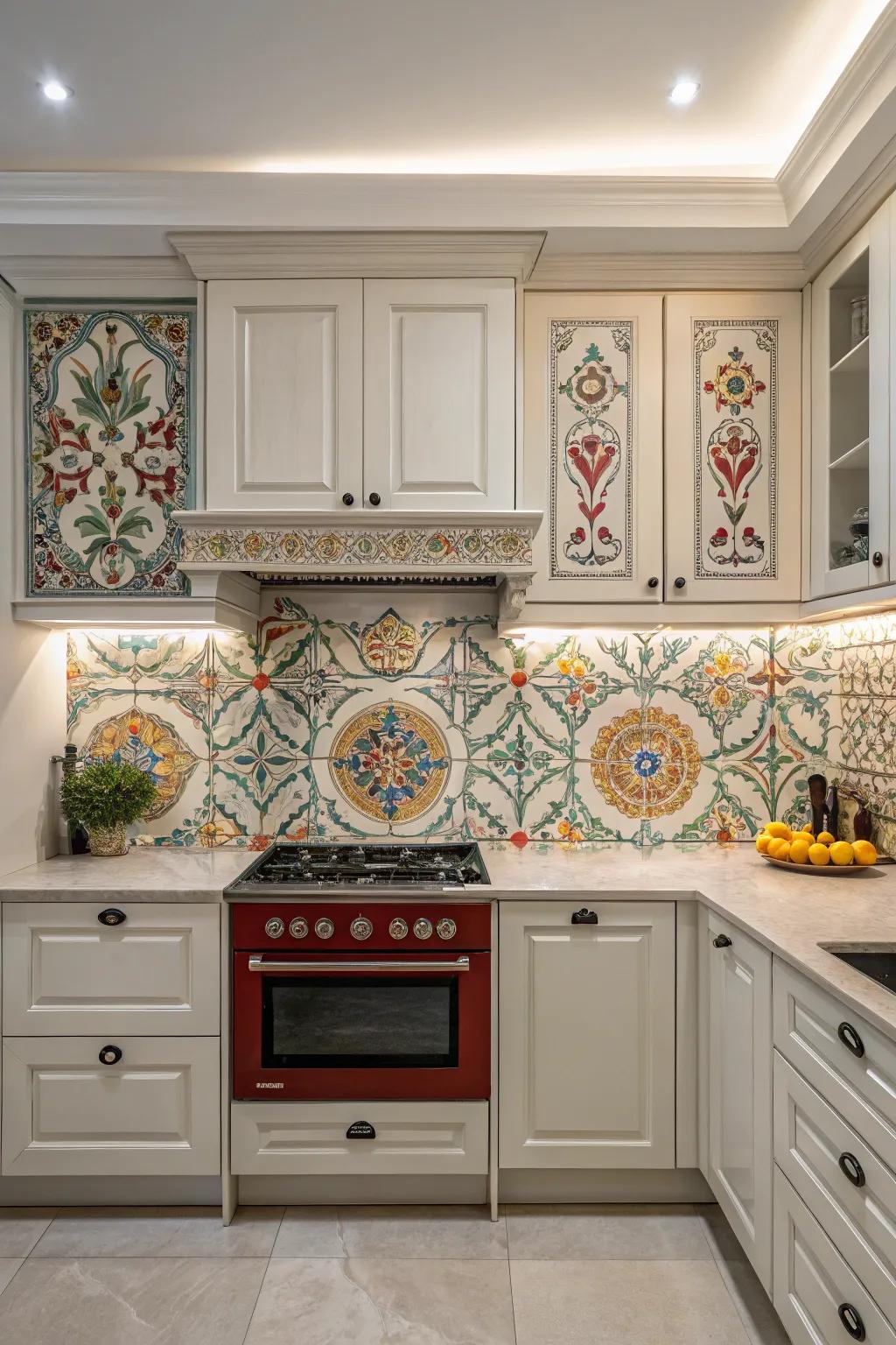 A custom backsplash serves as a stunning focal point in a closed kitchen.