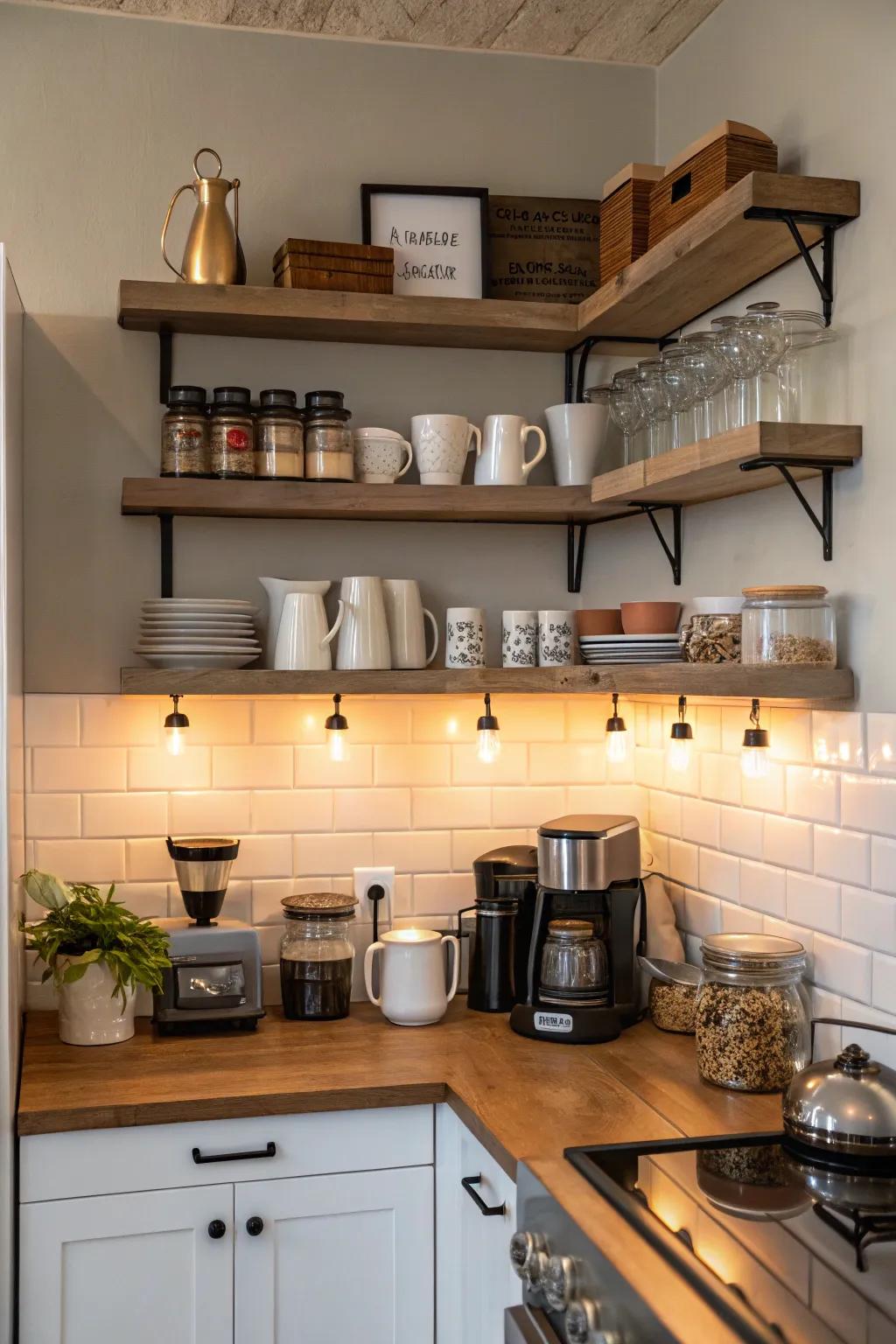 Floating shelves offer a modern and airy feel to your coffee and tea station.