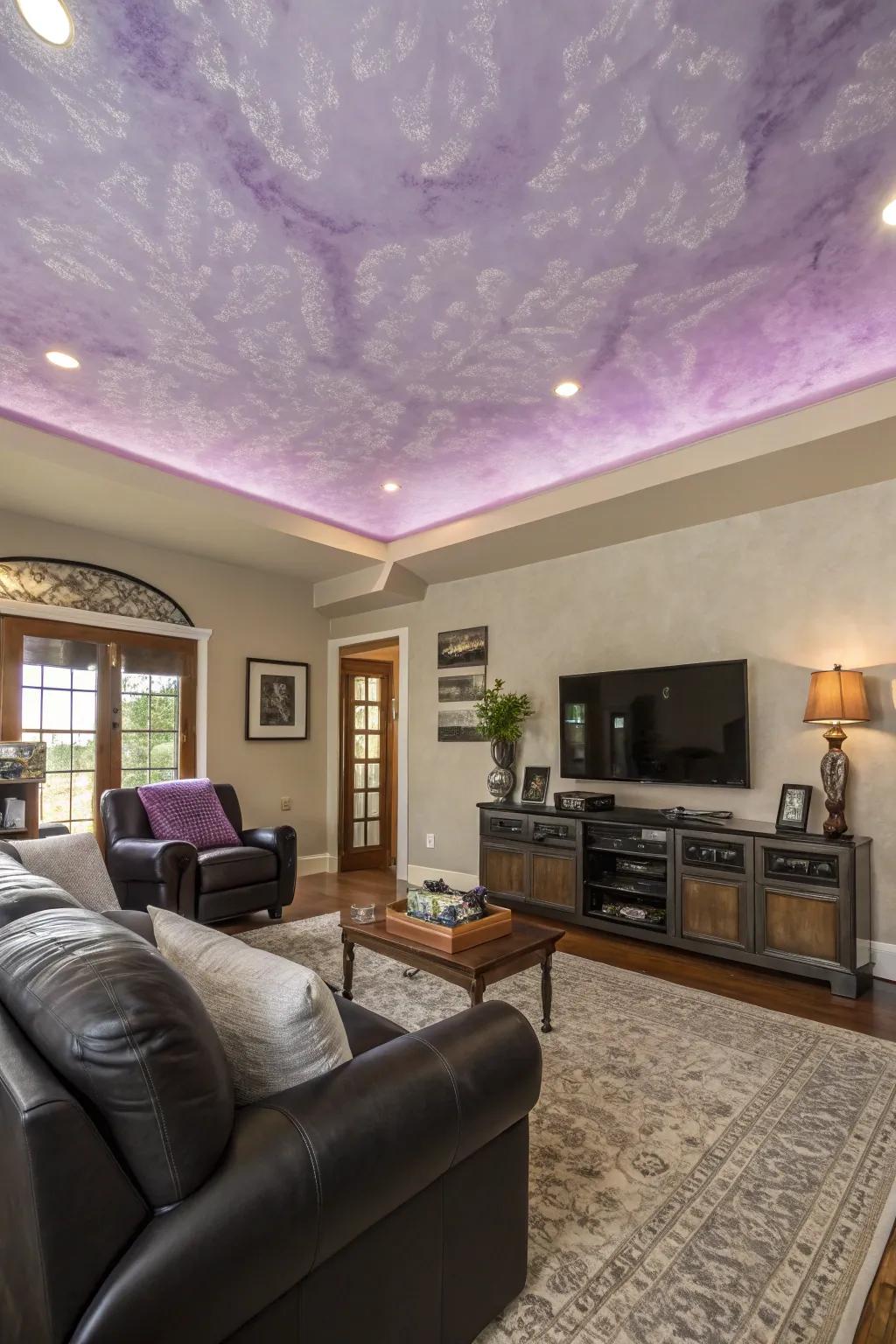 A gentle lavender ceiling includes a surprising element to this modern lounge area.