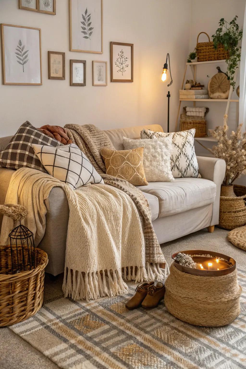 A mix of textures that fashions a comfortable and welcoming small family room.