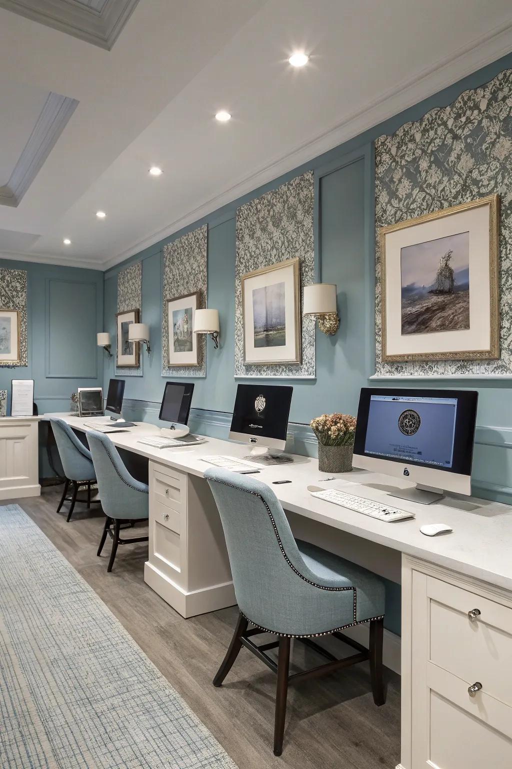 A stylish computer room unified by a thoughtful color theme.