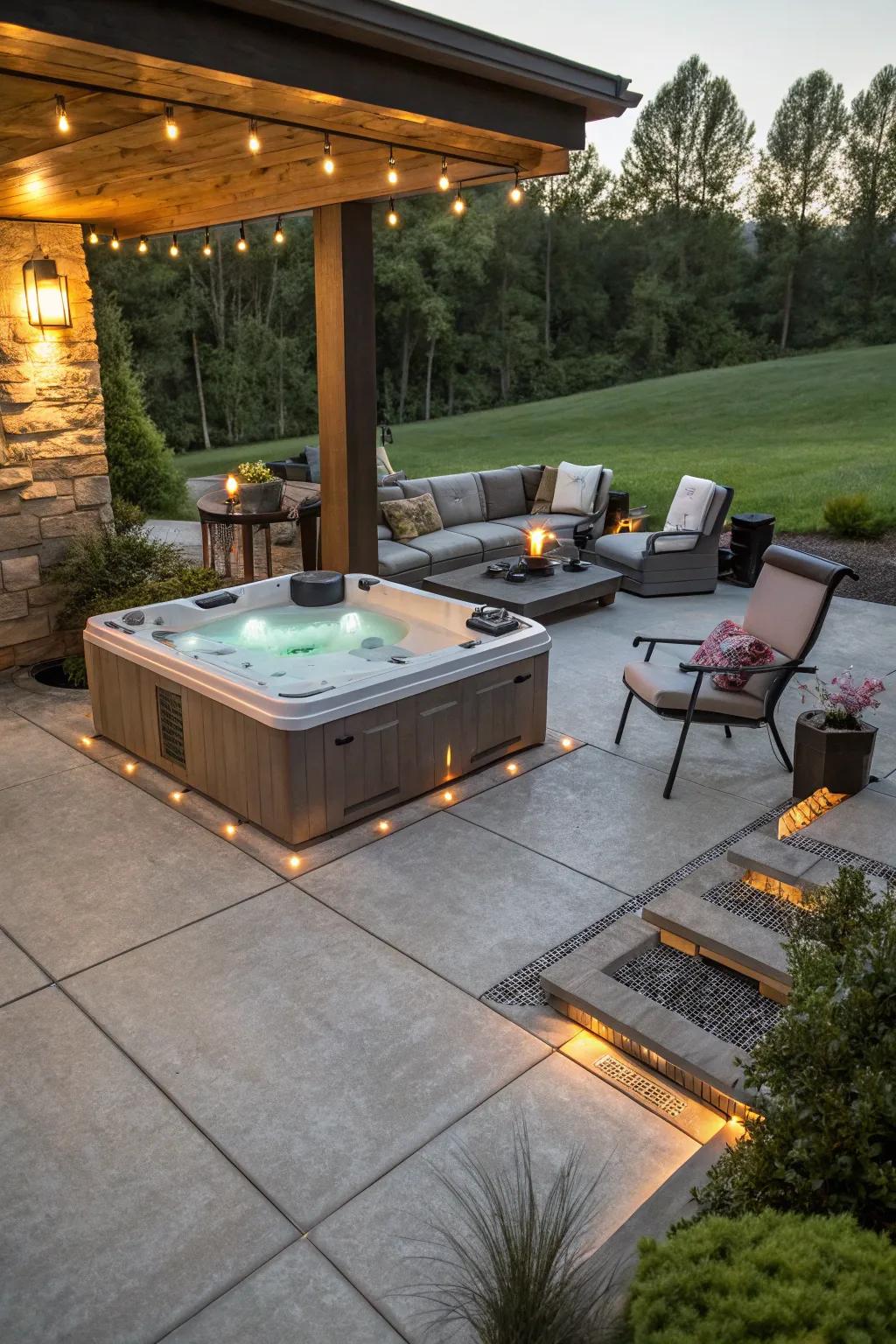A luxurious concrete patio featuring a modern hot tub and ambient lighting.
