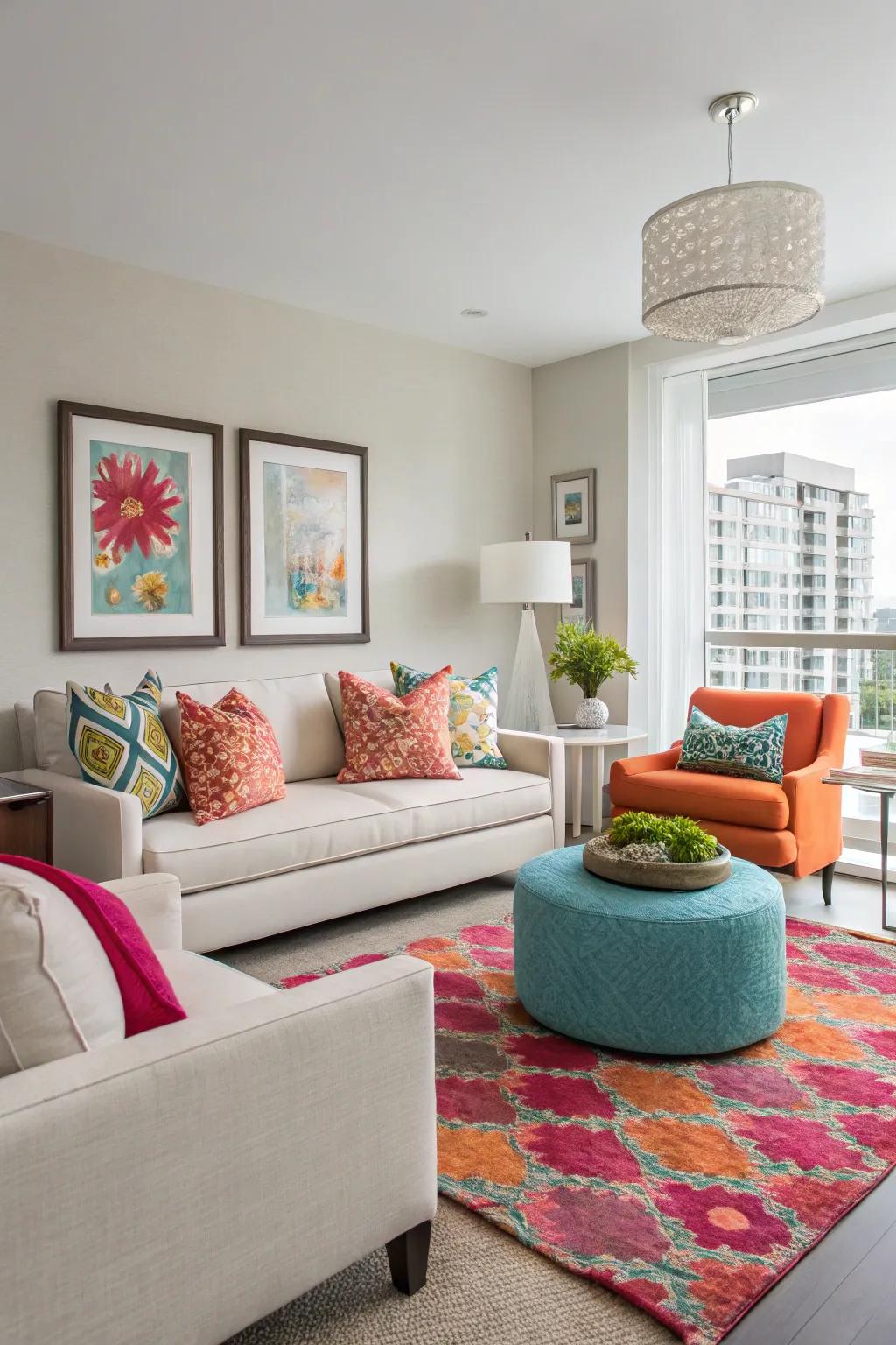 A condo interior featuring unexpected pops of color in decor and upholstery.