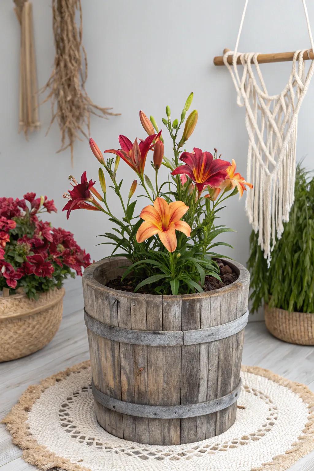 Rustic charm meets vibrant elegance with canna lilies in a cozy half-barrel planter. Perfect for adding a touch of tropical flair to your minimalist garden.